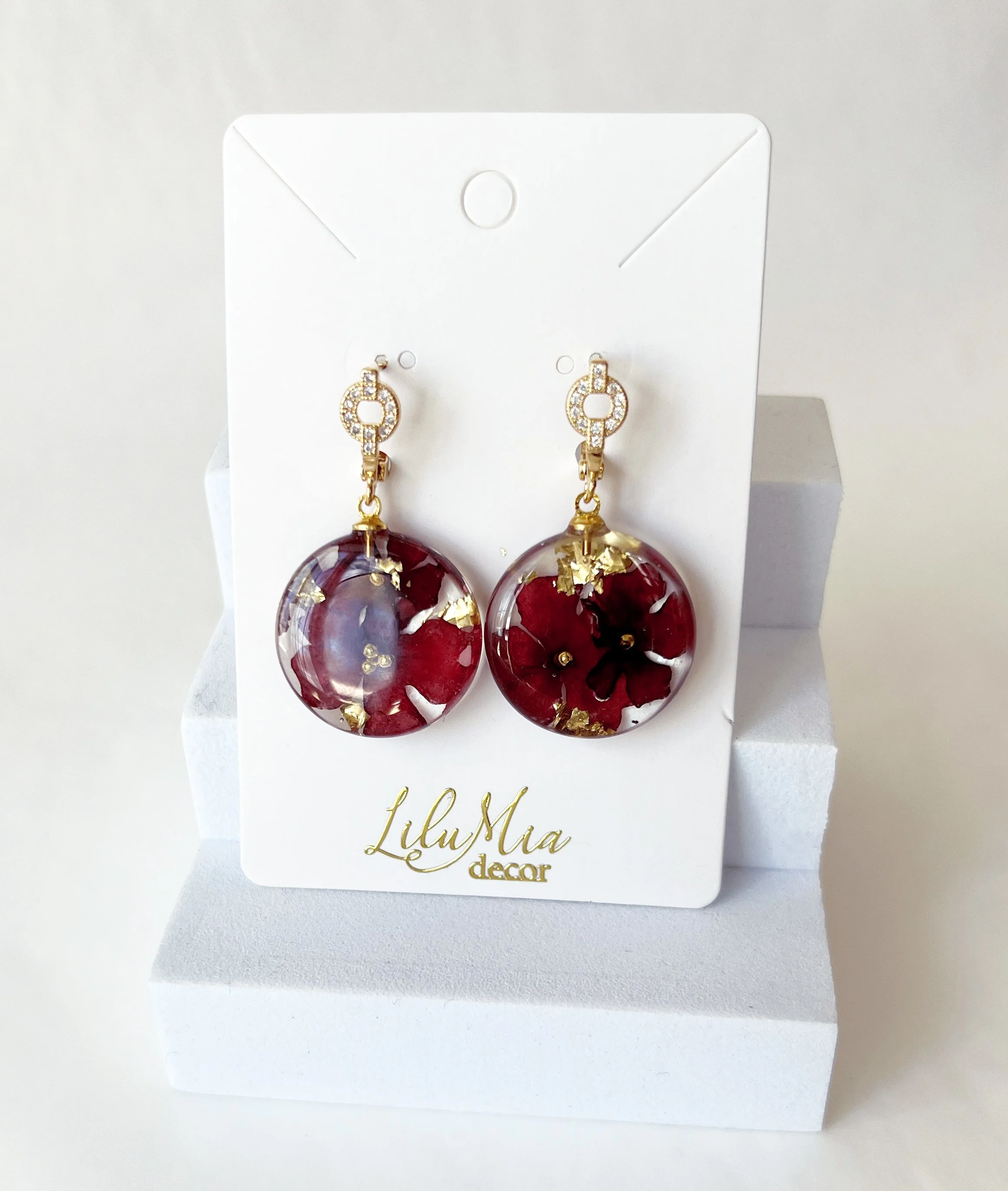 Dry Flower Earrings (Deep RED Disk) Gold Setting