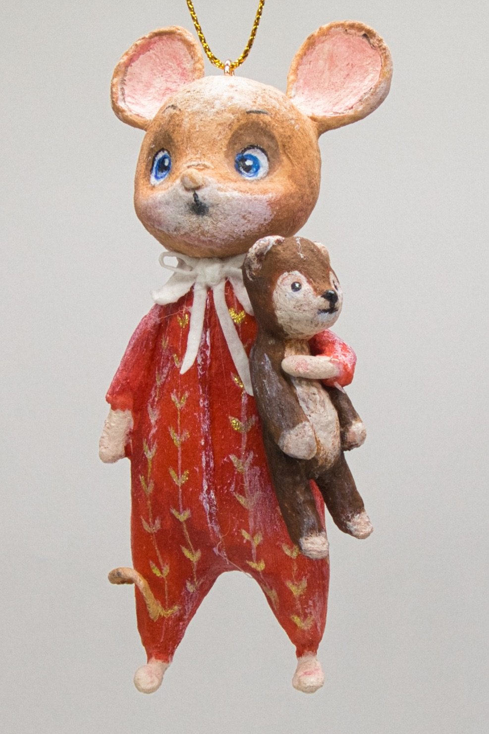Whimsical Mouse Ornament with Teddy Bear
