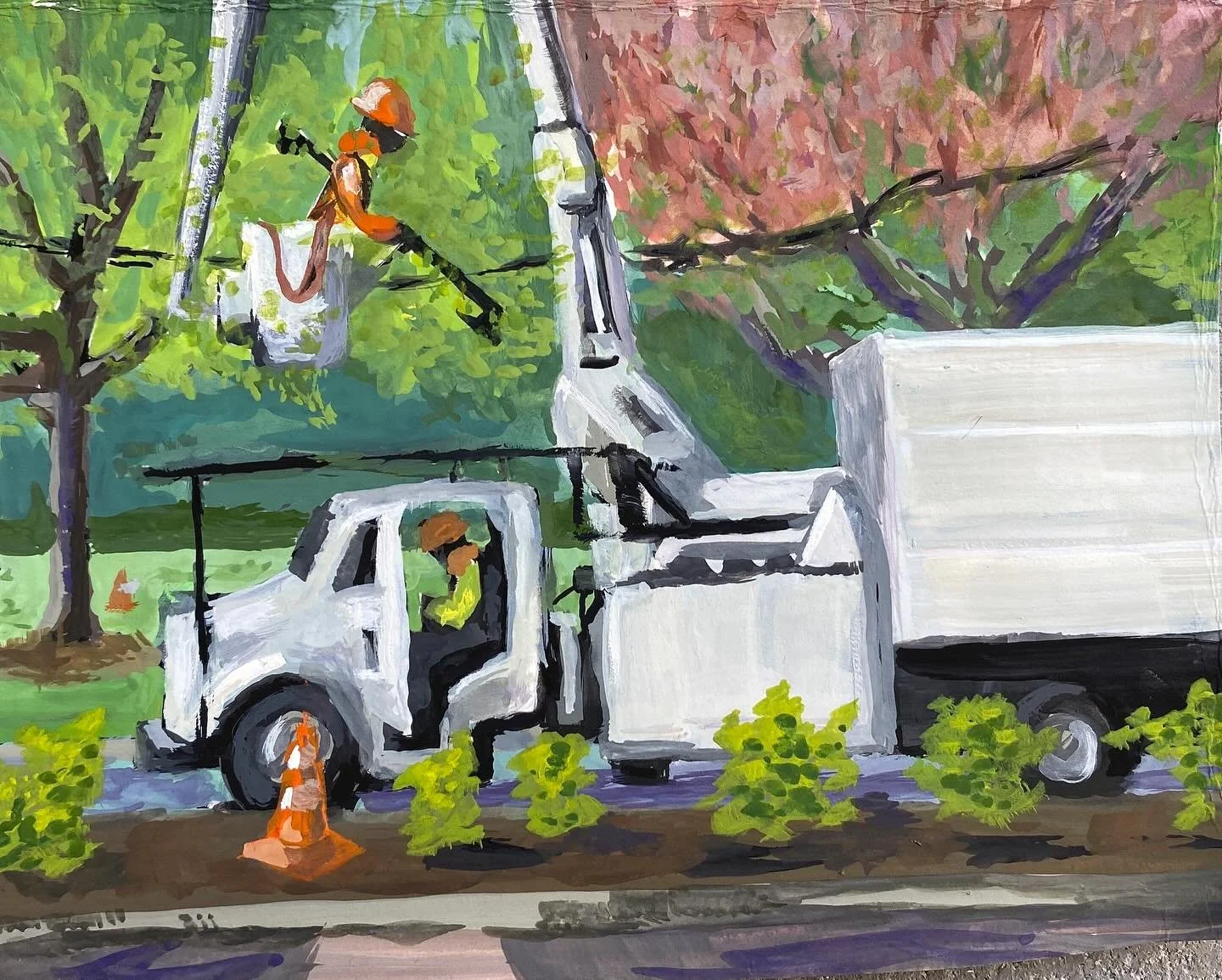 Tree Trimmers #PleinAirpril 26. Challenging one to work quickly from! Thankfully a similar truck replaced the first #pleinairpainting #gouache #pleinairpril2024