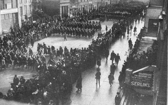 Chicago homecoming of the 370th Regiment (Old 8th l1linois) passing in parade at 13th St. and Michigan Ave.