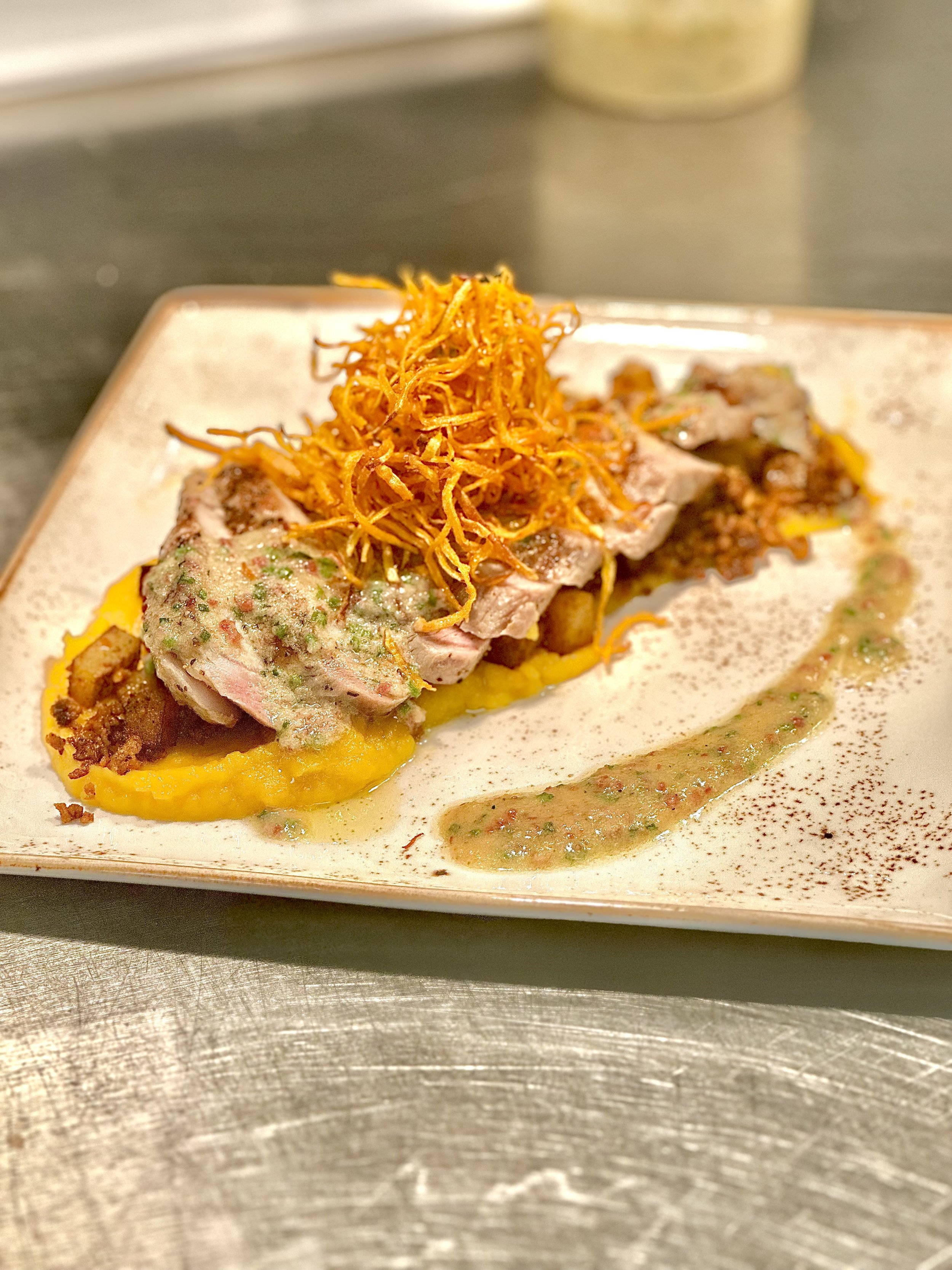 Pork Trio-Pork Ribeye, Chorizo Hash, Bacon + Honey Vinaigrette, Butternut Squash Puree.jpeg