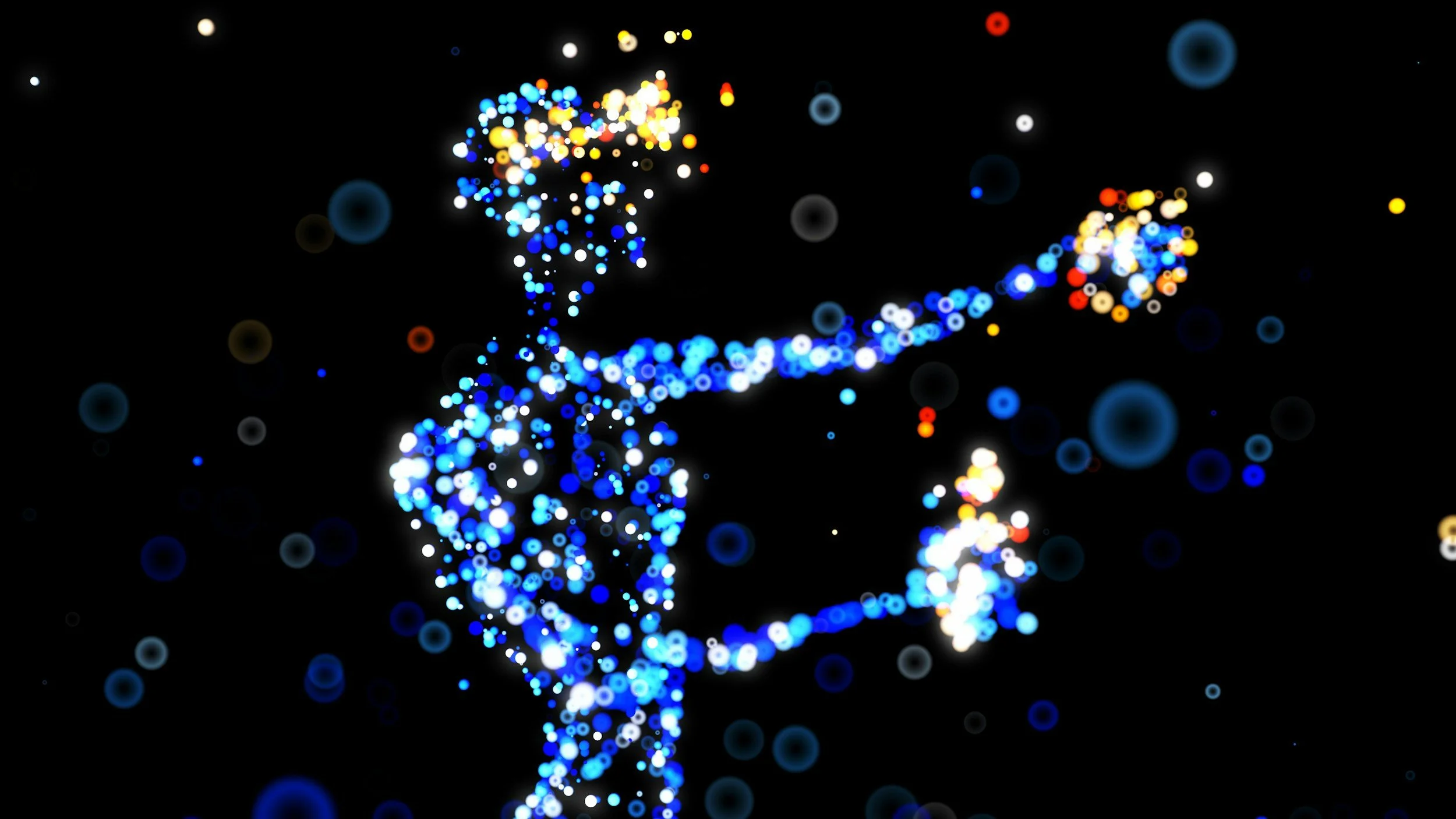 Digital rendering of a DNA double helix made up of multicolored light dots against a black background.