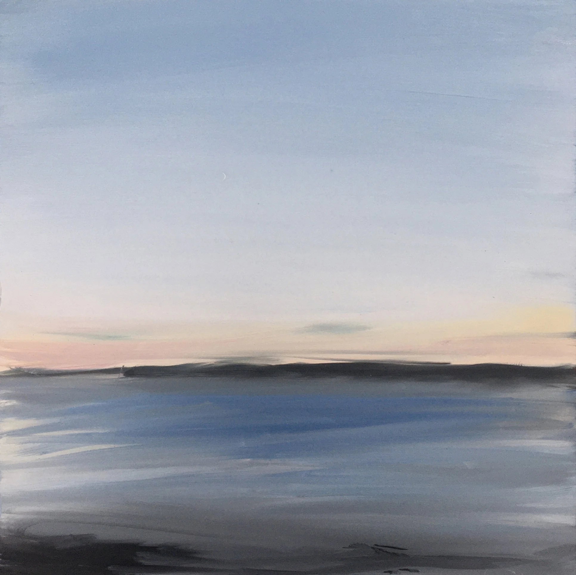 crescent moon setting in may, 2021, oil on panel