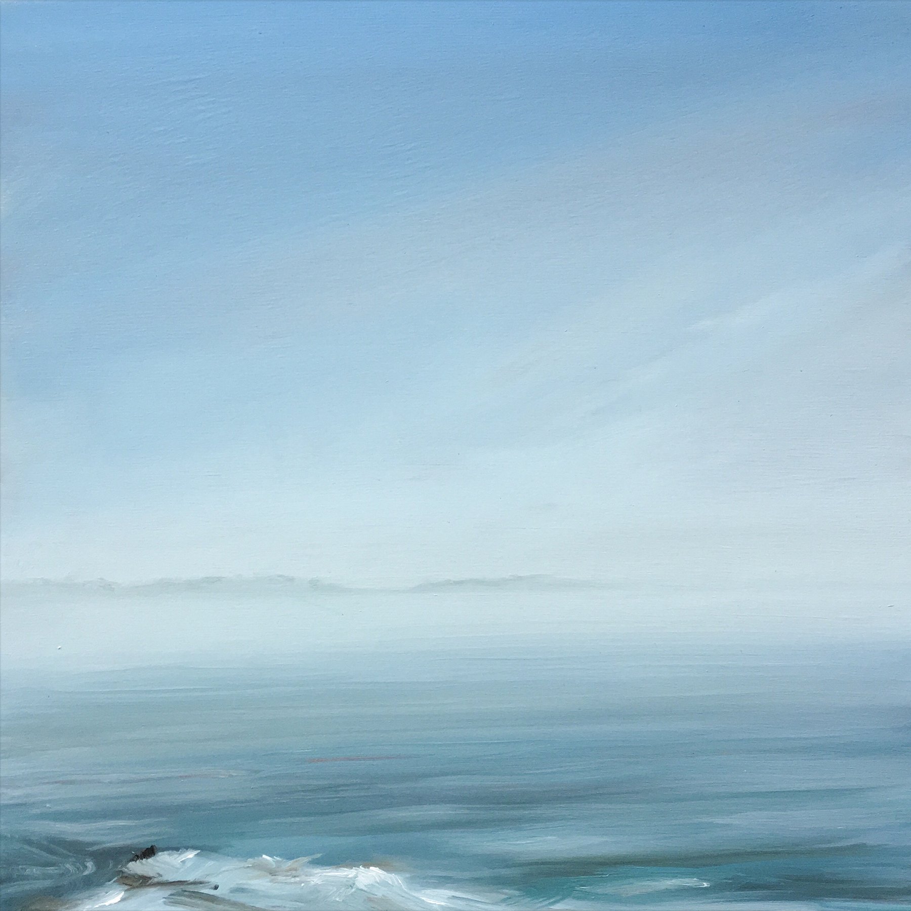 fog lifting over long in late may, 12" x 12", oil on panel
