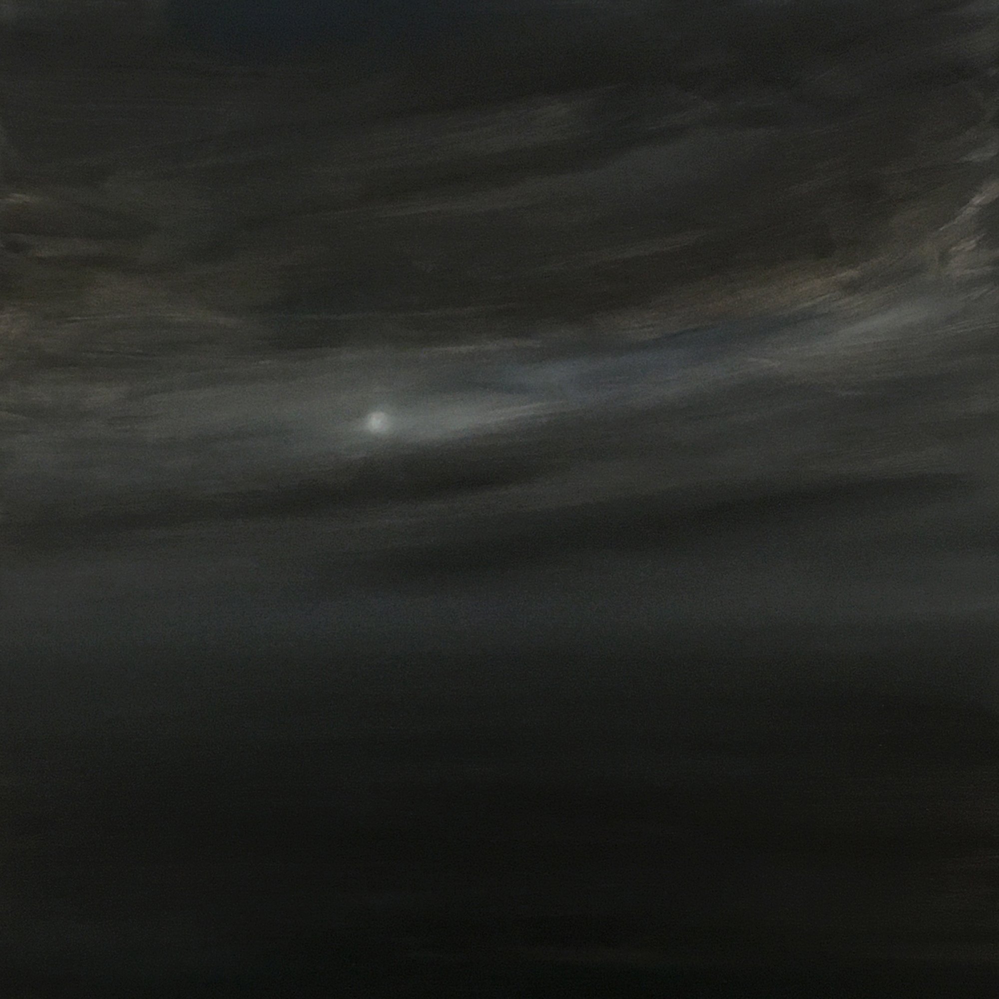 moon/full moon in stormy skies, 2023, 24" x 24", oil on wood.