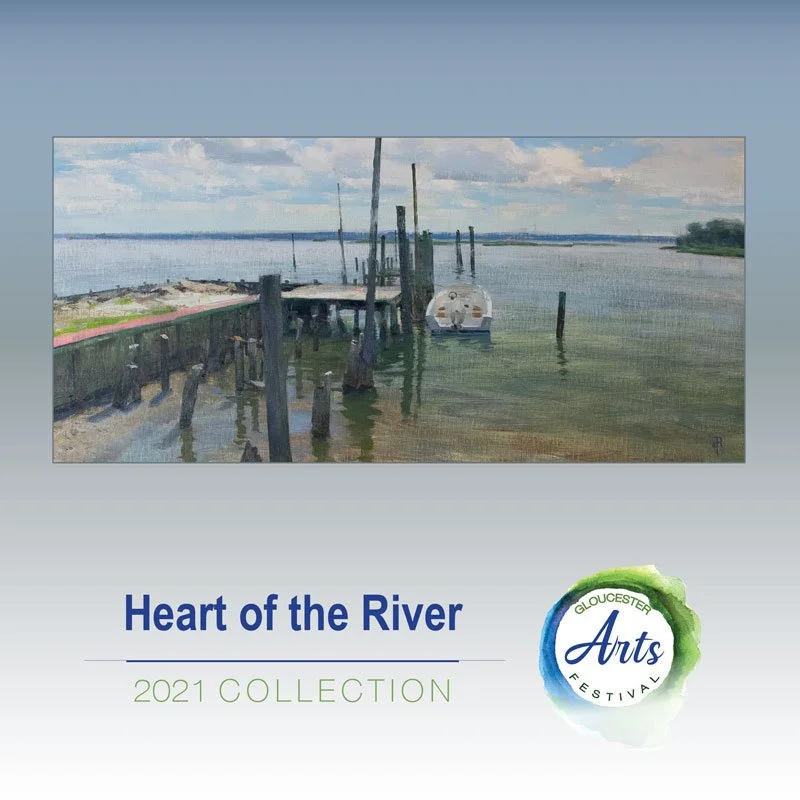 A painting of a river scene with a small dock, boats, and wooden posts, under a partly cloudy sky.