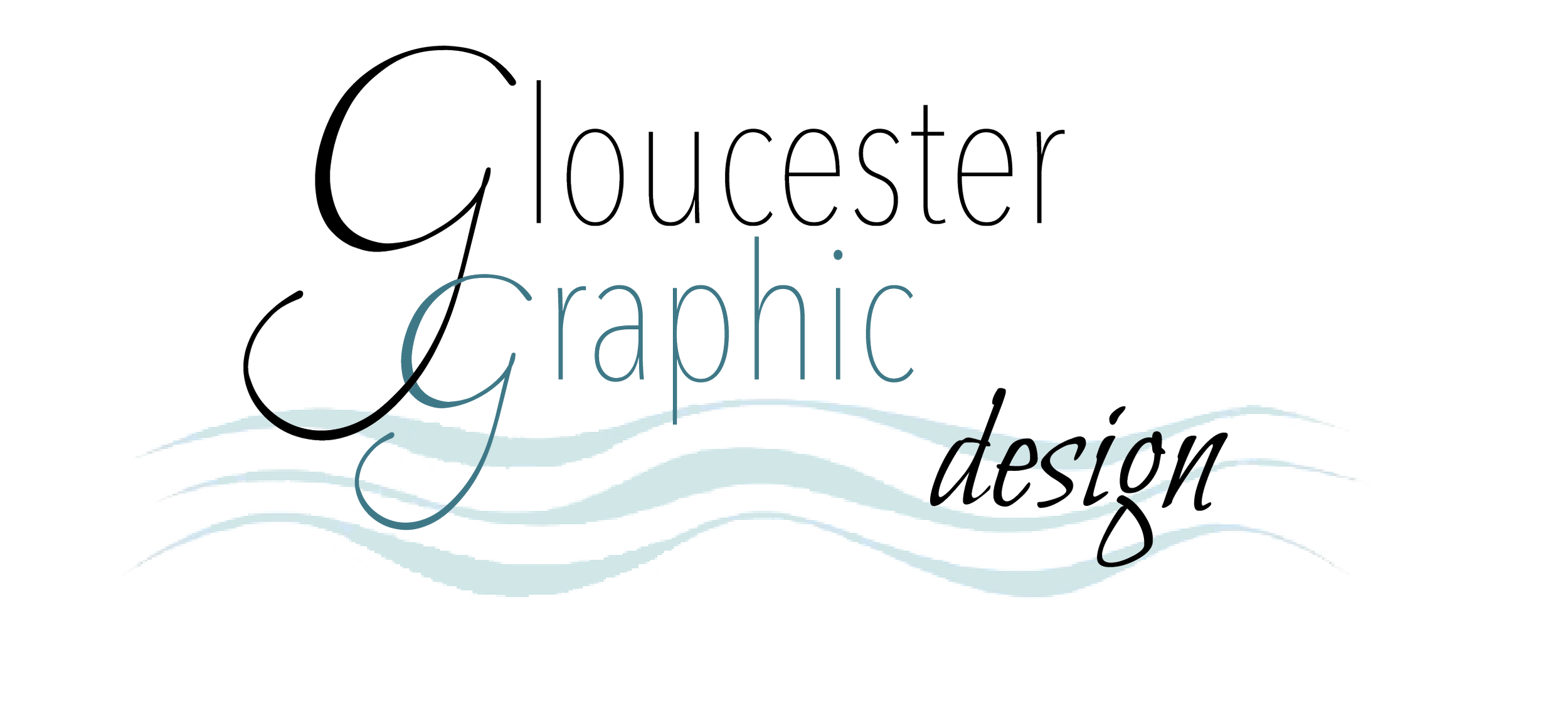 A digital graphic with the text 'Goucester graphic design' overlaid on a background of colorful waveform patterns.