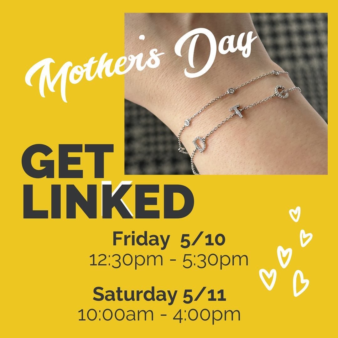 Friends! Impromptu Mother&rsquo;s Day permanent jewelry weekend popup!

Surprise your Mama with the ORIGINAL permanent jewelry of Wisconsin. (Solid gold&hellip;which doesn&rsquo;t make your wrist turn green!). See our hours below. 

#treatyourmomtoth