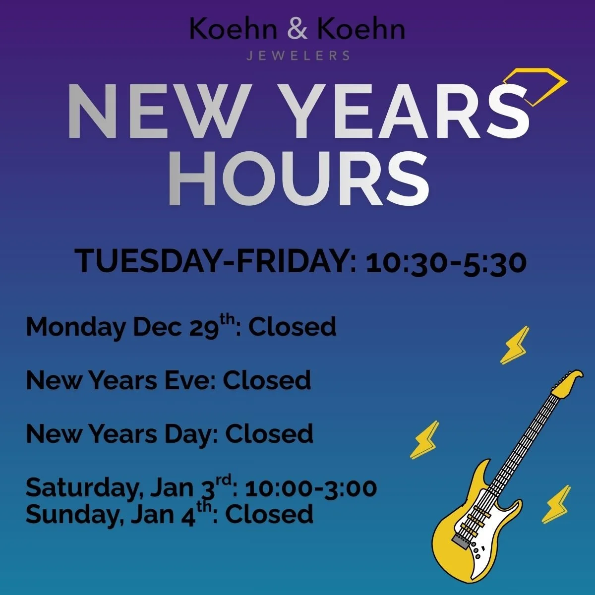 New Years hours are posted below!🥂⚡🎸 🎉

We will then be back to our regular store hours.
Tuesday-Friday 10:30-5:30, Saturday 10-3.