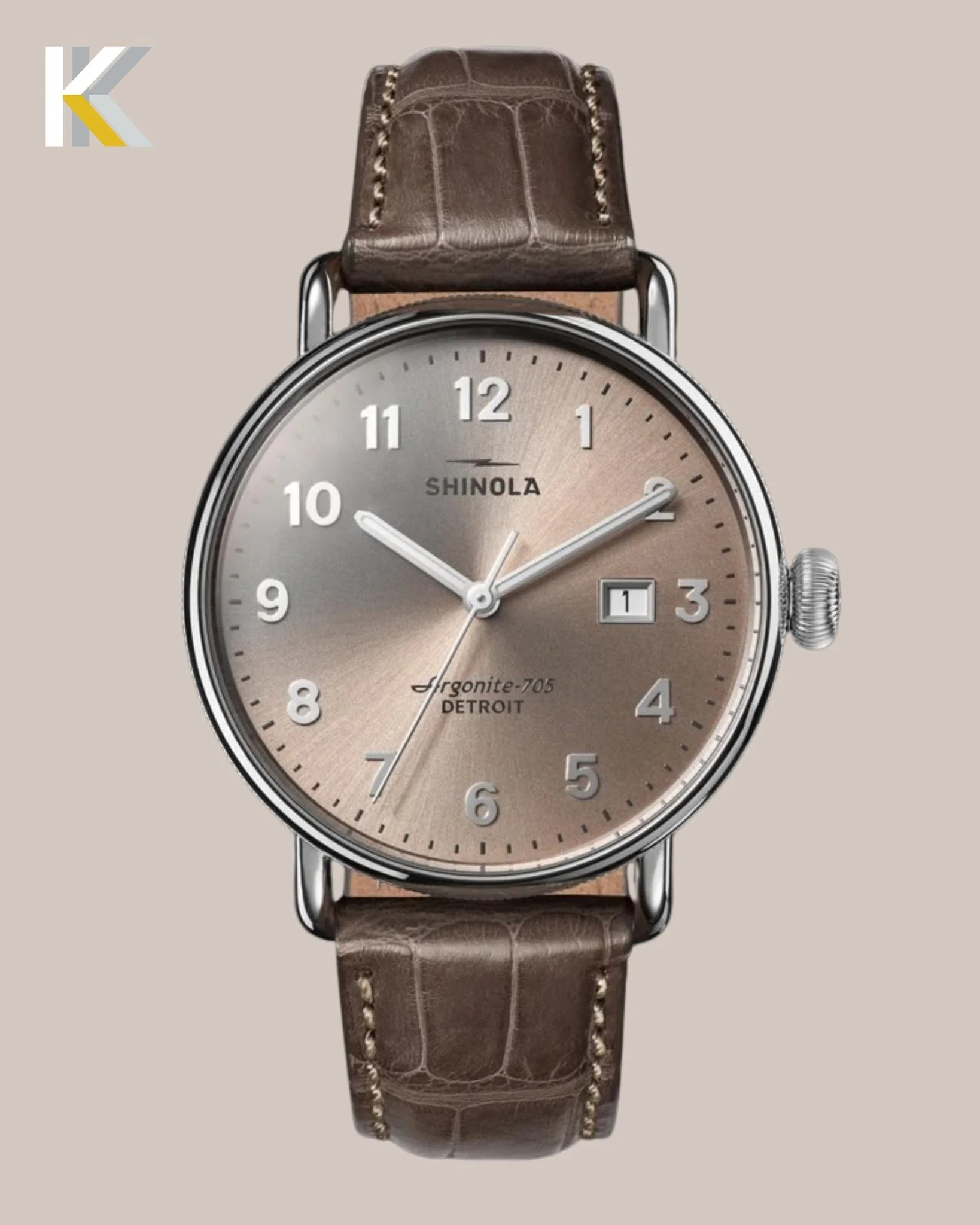 Now this Shinola watch is a conversation starter.
38mm of effortless cool with a sunray nude dial and sleek minimalist face. 
Powered by the Detroit-built Argonite 705 and finished with a stainless steel case + gray brown alligator strap.