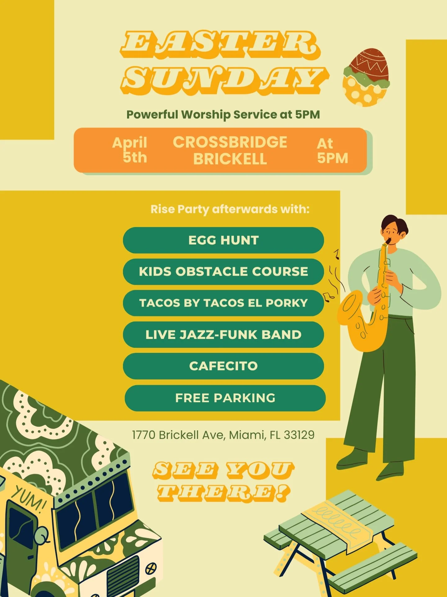 Easter is better together 🌿
Join us in Brickell at 5PM for a powerful worship service

and stay for the Rise Party after 
so much to enjoy!