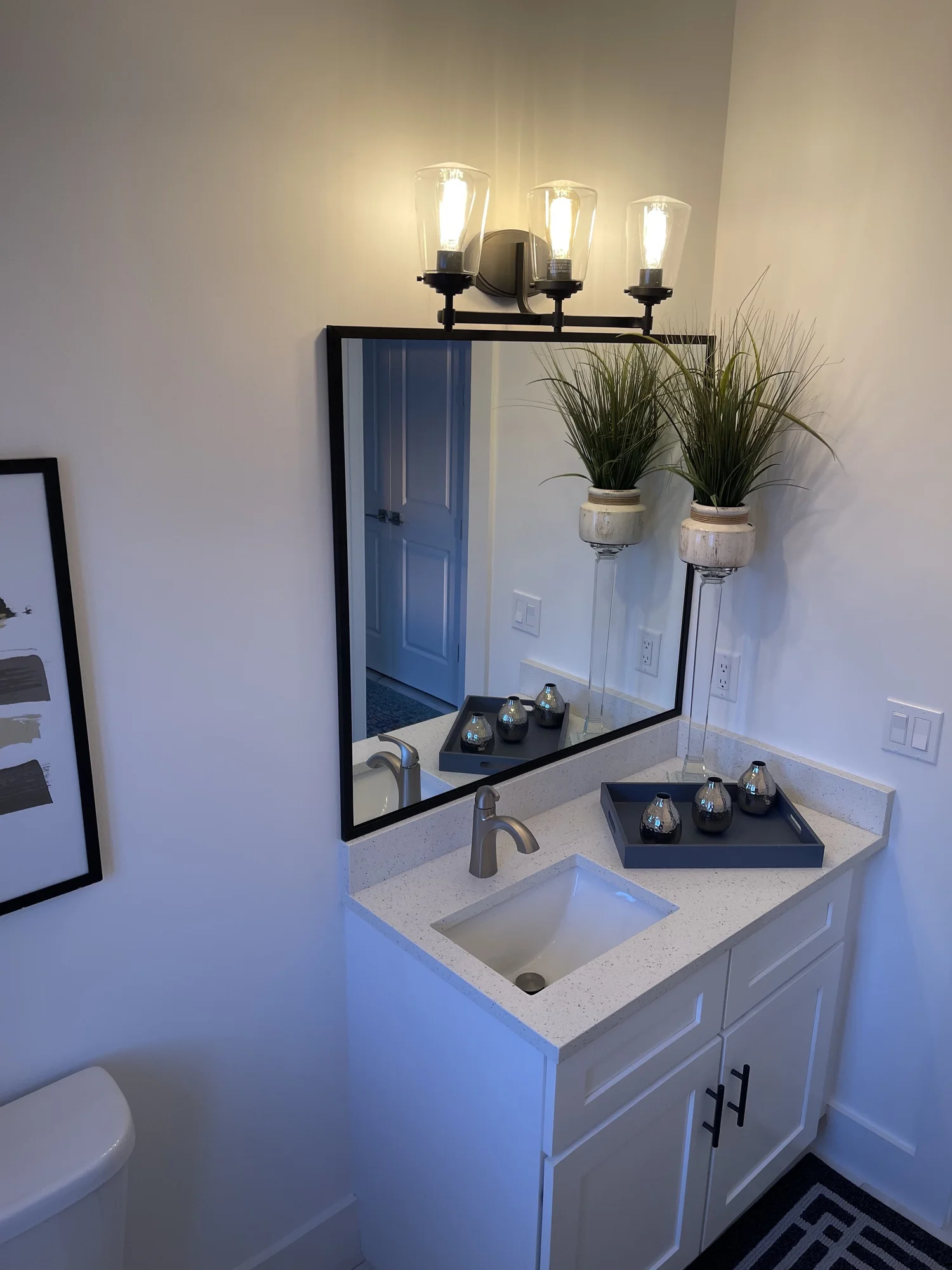 Bathroom vanity with framed mirror
