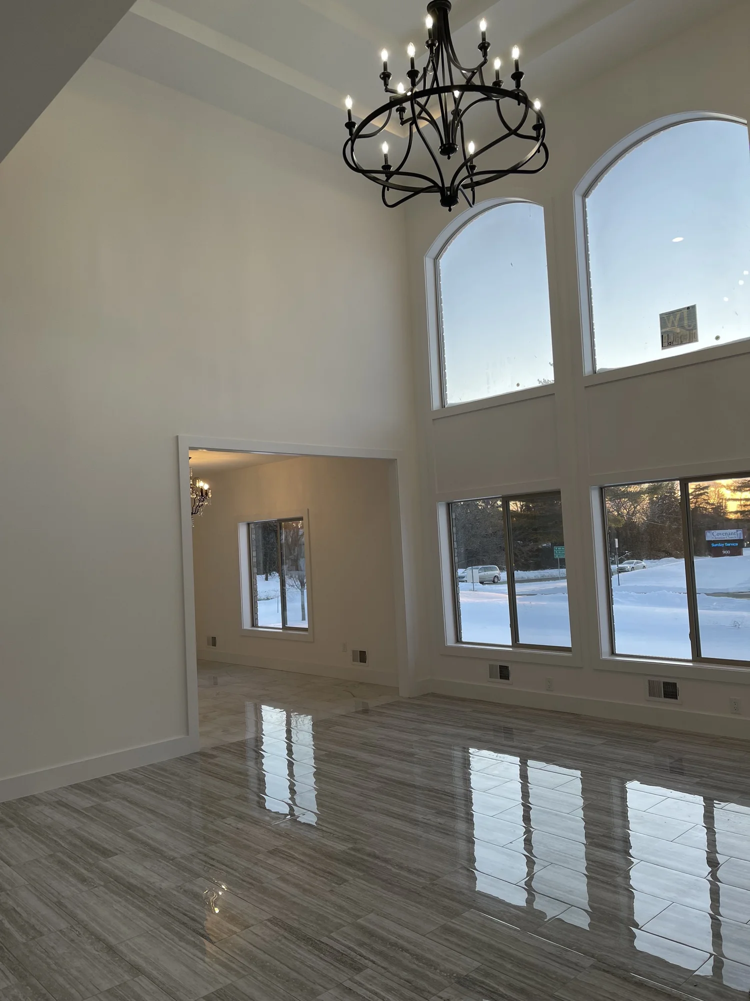 Light-filled great room at sunset