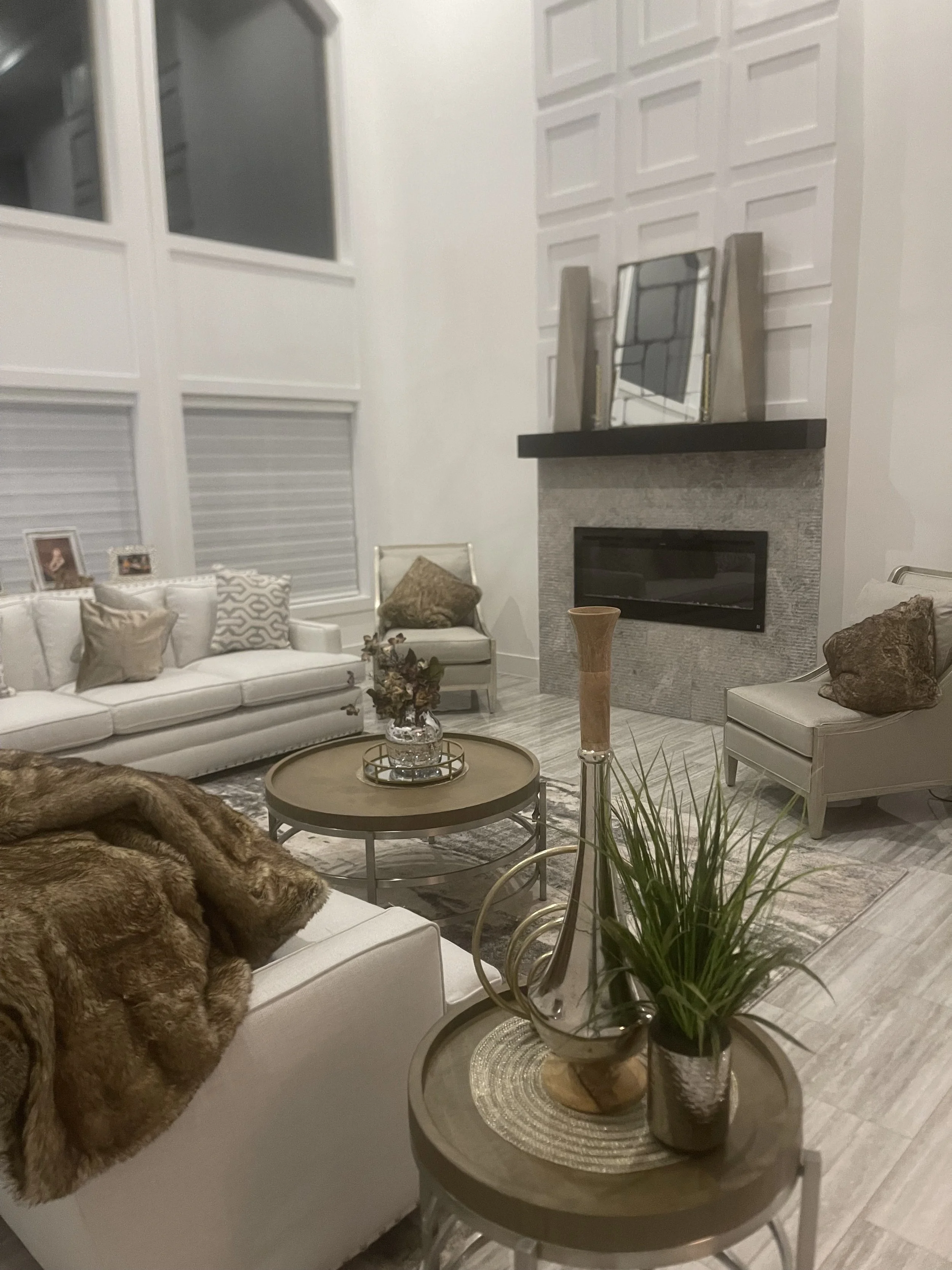 Staged living room of a Clearmont custom home