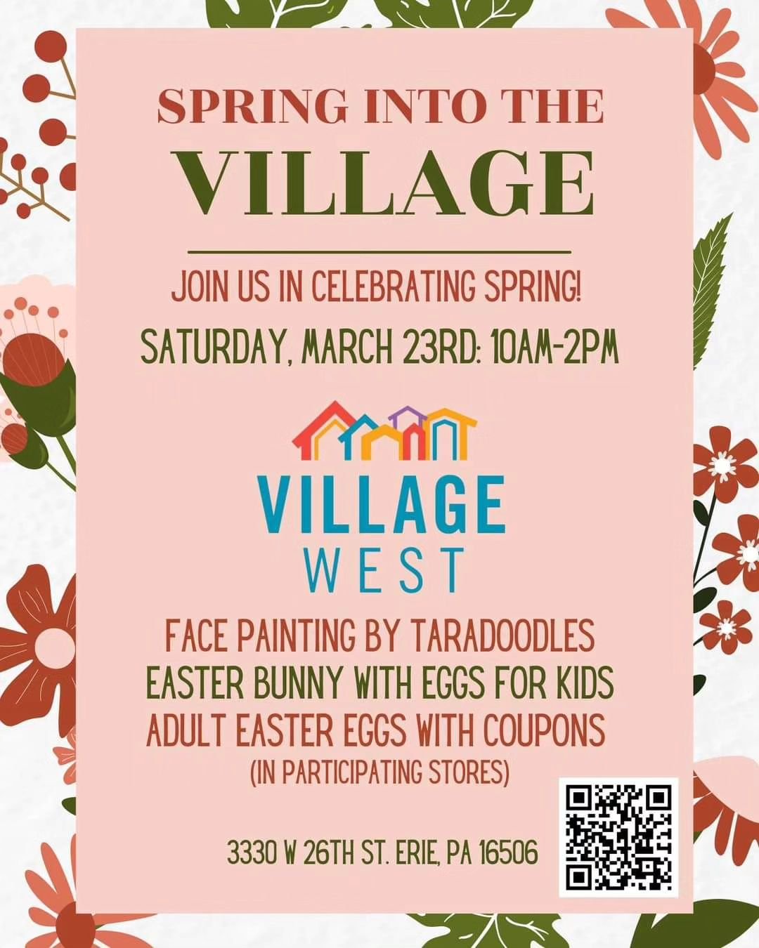 This Saturday!!! Come visit the Village West Plaza and visit with the Easter Bunny. He will have special treats for all the kids. Adults can grab up some great deals when you get eggs from participating stores. See you there!!