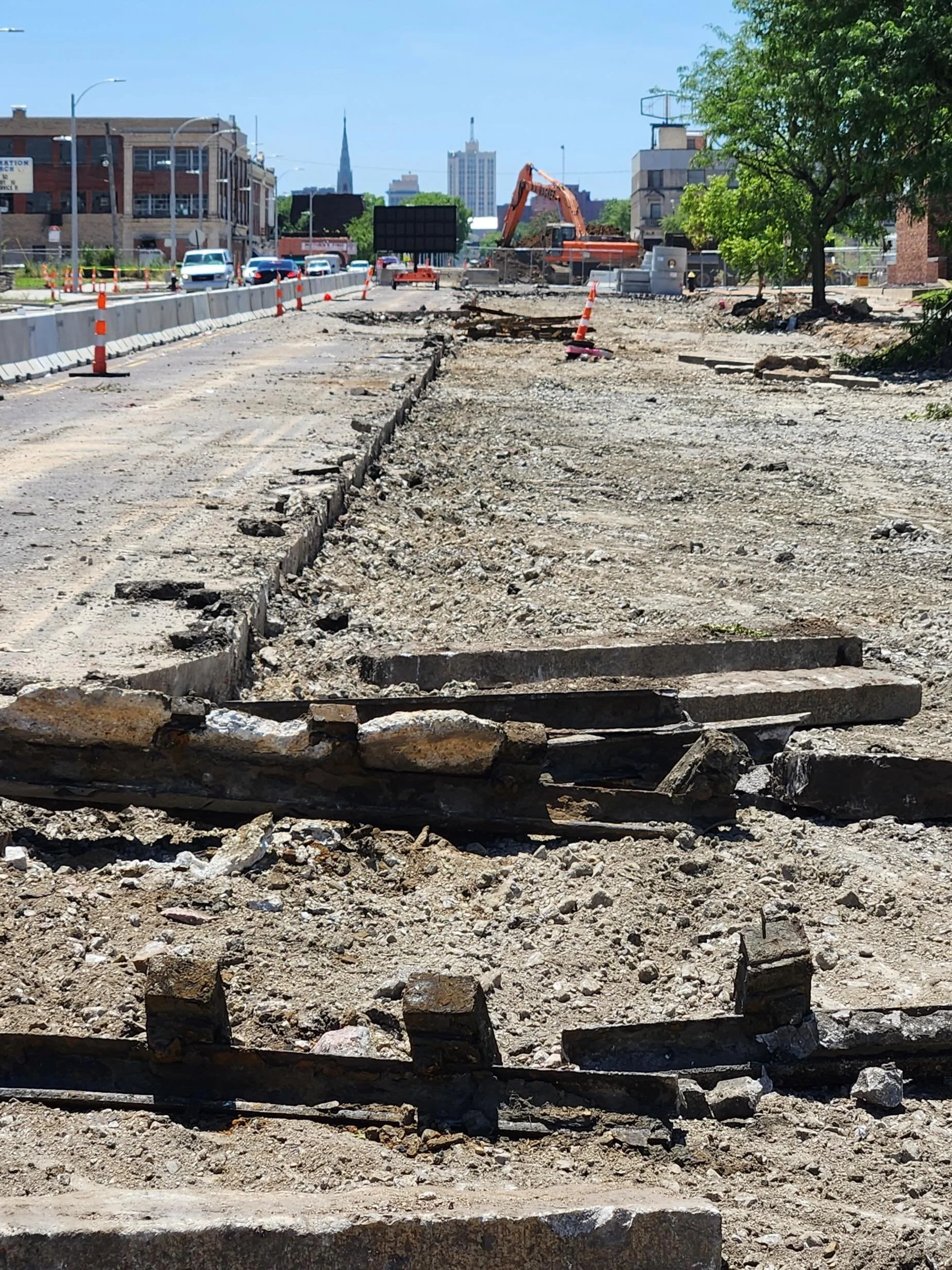 From unearthed streetcar lines to hints of a finished streetscape, the construction review phase is always exciting! On the @greatriversstl Brickline Greenway North Connector along the historic North Grand Corridor demolition has turned to formwork, 