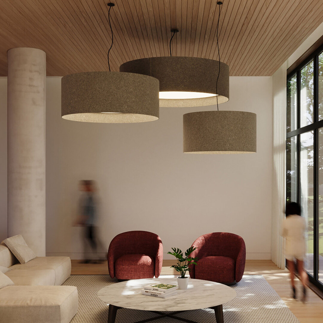 Cylinder Diffuse: an innovative update to our Cylinder pendant. This refined blend of form, acoustics, and lighting performance creates a soft and gentle illumination through diffused light surface, evenly spread out to minimize harsh shadows and gla