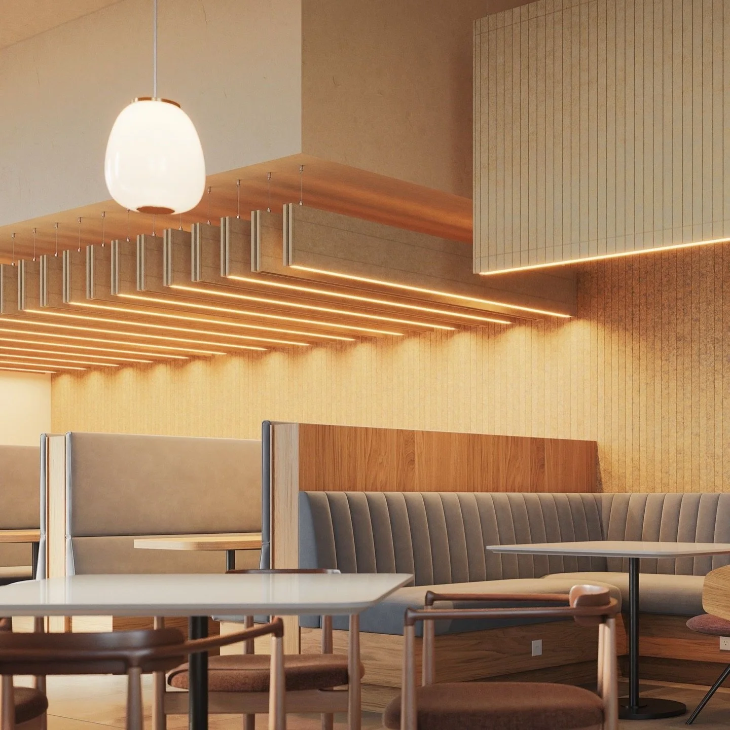 When the same surface language extends from the wall to the ceiling, a space starts to feel more intentional.

Here, we&rsquo;re using our Wide Fluting surface style across both PLANE wall coverings and suspended STANDARD 60 baffles to create continu