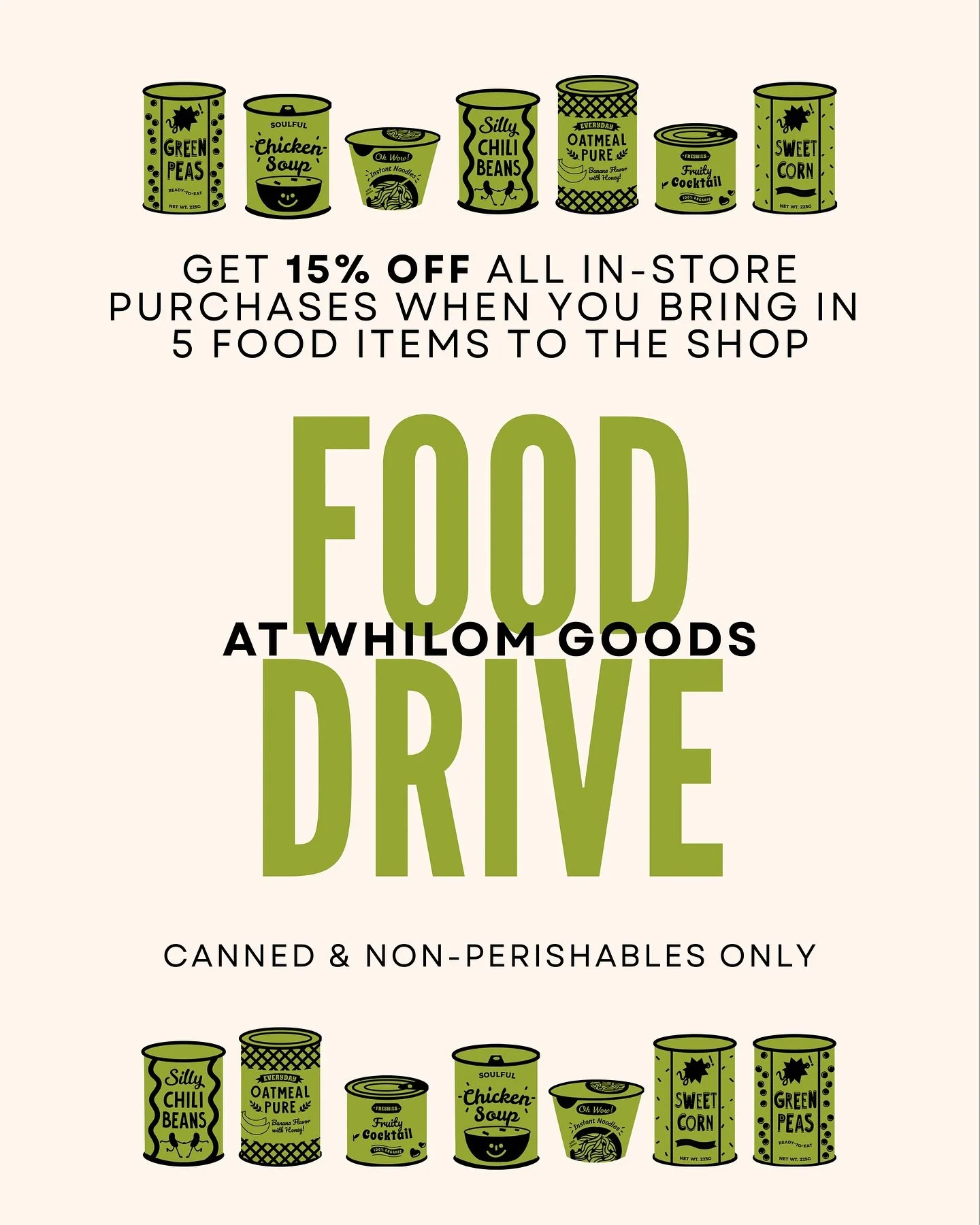 If there&rsquo;s one thing I&rsquo;m sure of, it&rsquo;s that we&rsquo;ve gotta take care of each other. Starting November 1 at the shop, bring in 5 food items from the most needed list for 15% off all in-store purchases. If you just want to drop off
