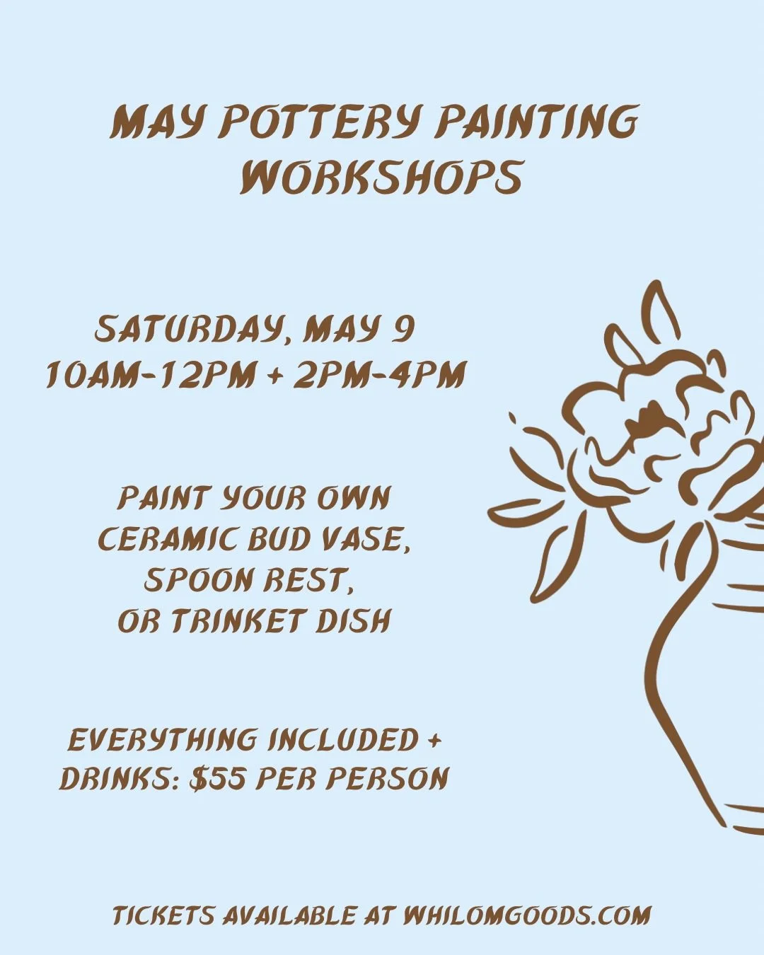 Tickets are now available for the next pottery painting workshops! Hosting two on Saturday, May 9th. Tickets are linked in the bio! 🌼