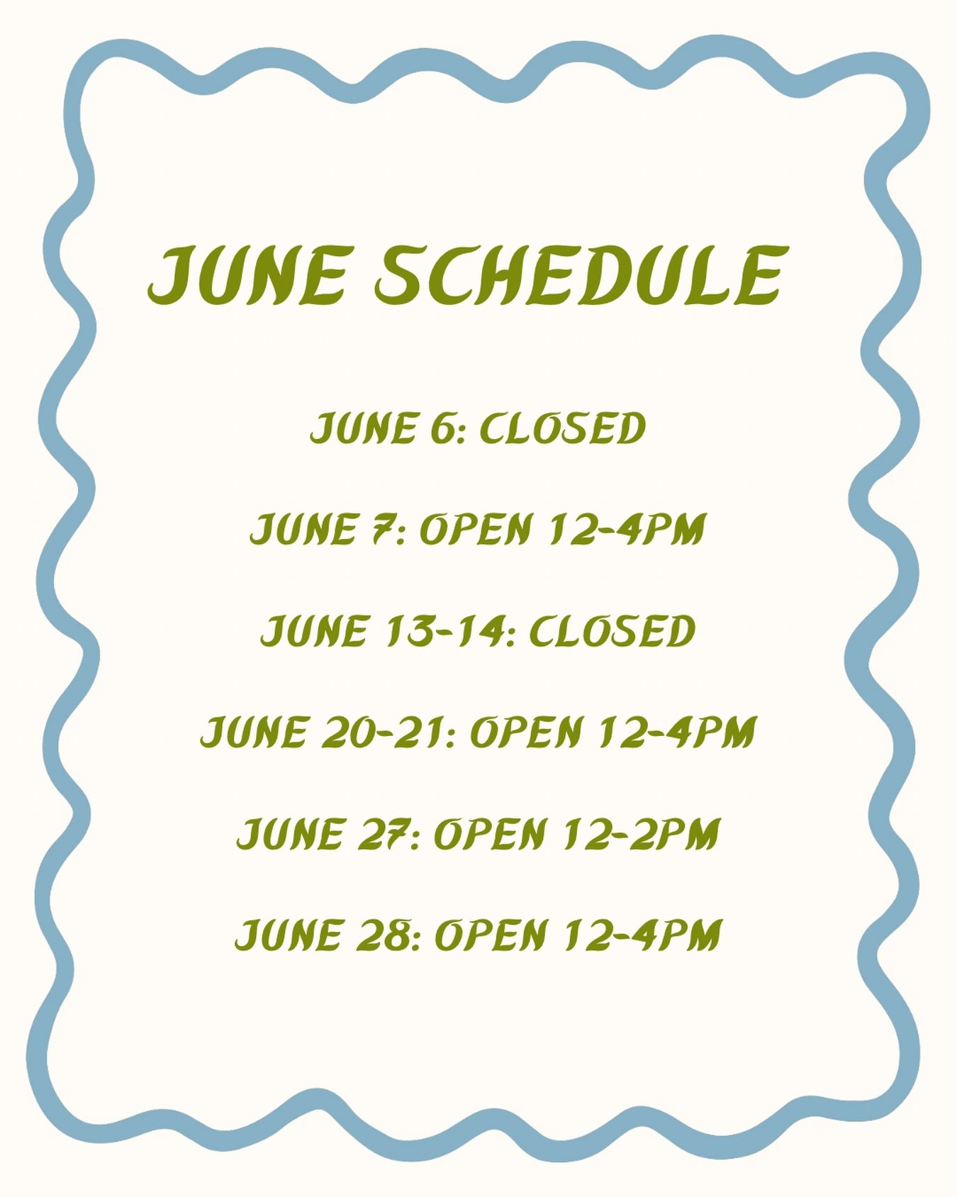 Open today (Sunday 5/31) 12-4pm and here&rsquo;s what to expect for June! 🌞