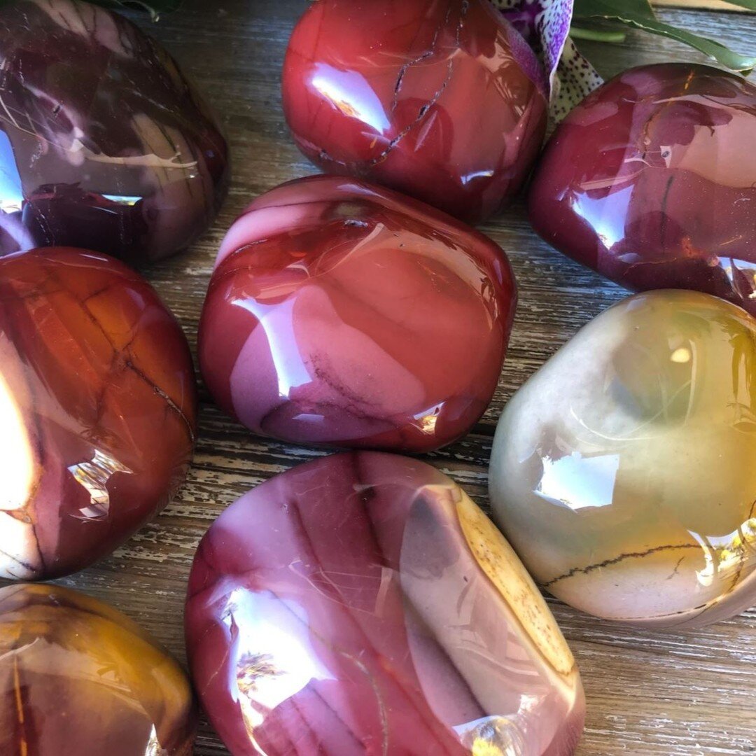 Aren't these stones gorgeous?! This is Mookaite which is correctly pronounced moo-ka-ite, though you will often hear it pronounced moo-kite. 
This mineral is a gorgeous, multi-colored Jasper found in only one place in the whole world - in the Kennedy