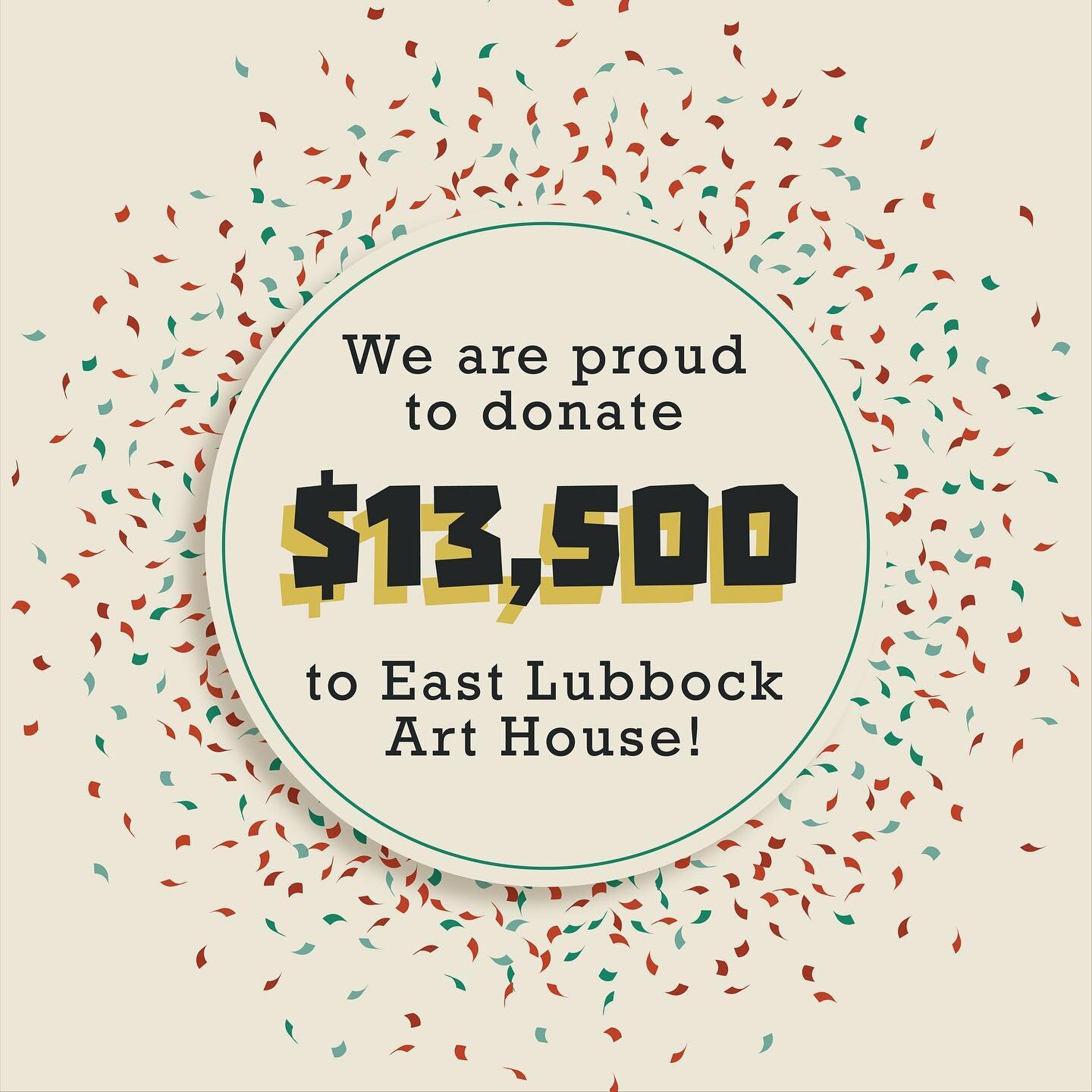 We are incredibly excited to share that we were able to donate $13,500 to @eastlubbockarthouse from this years Lubbock Live Festival! 
-
East Lubbock Art House is doing great things for our community and it is our honor to be able to help. Go check t