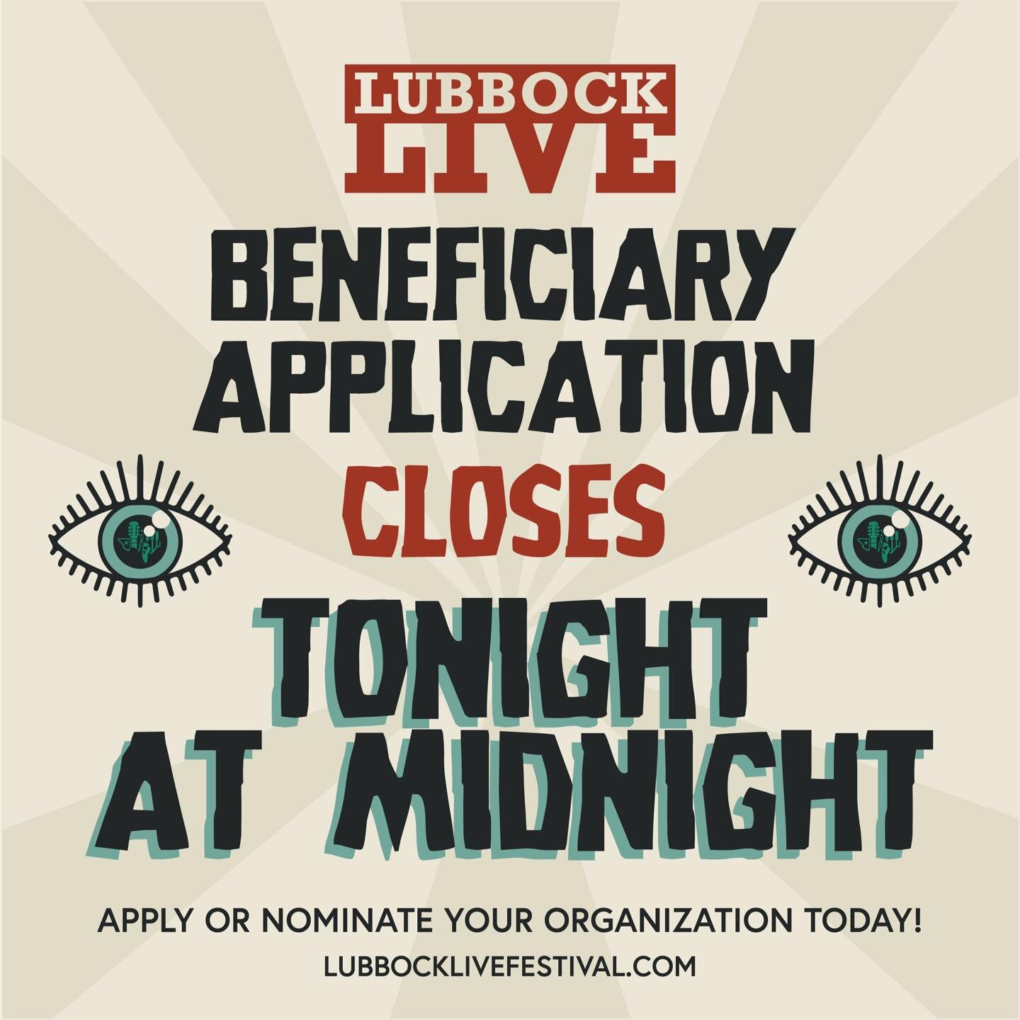 Beneficiary applications are due TONIGHT!

If you haven&rsquo;t submitted your application to be this year&rsquo;s Lubbock Live Fest&rsquo;s beneficiary make sure to do so asap! 

⏰ There&rsquo;s no time to waste! If your organization wants to apply 