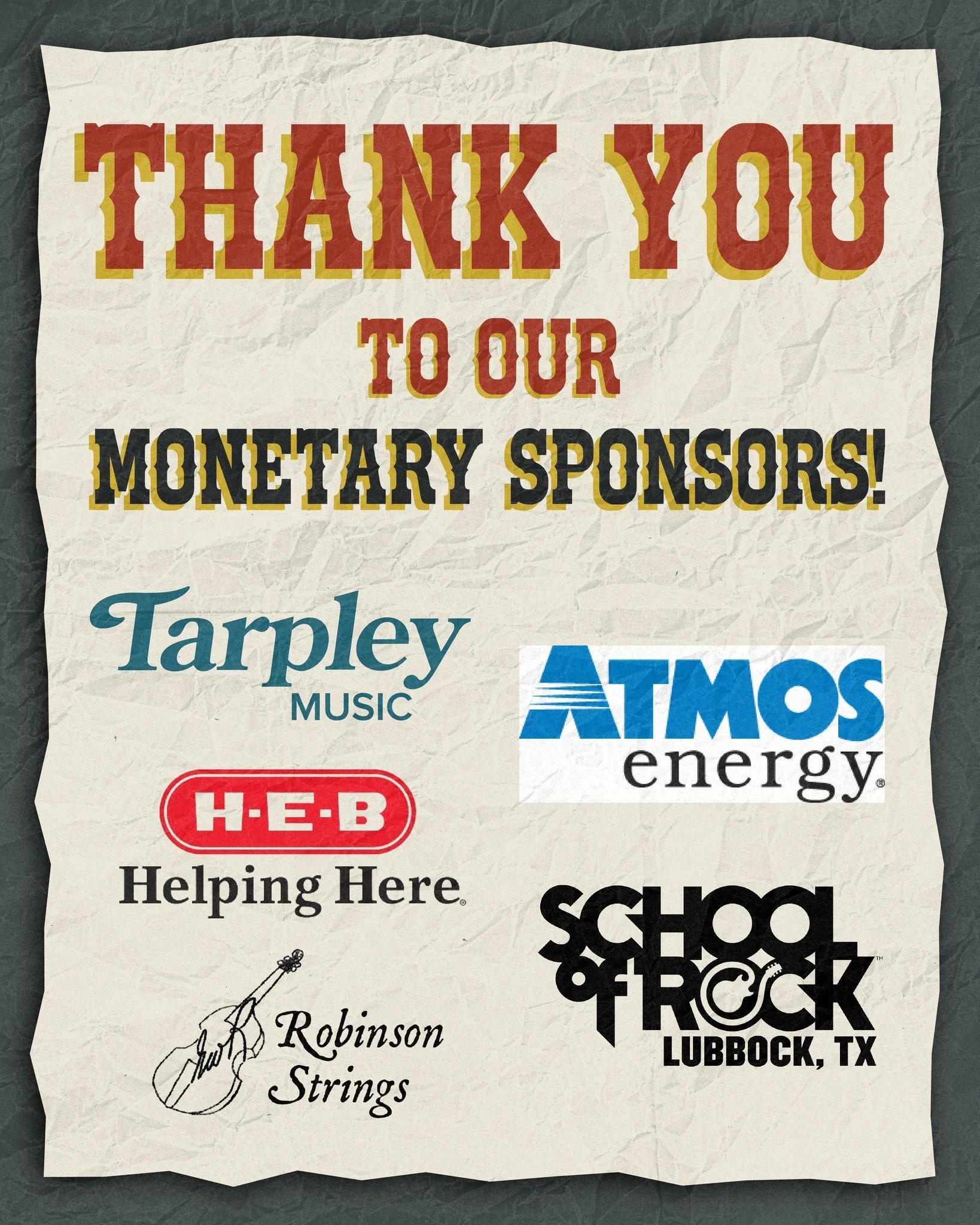 🌟 A HUGE thank you to our amazing sponsors who make Lubbock Live Festival for the Arts possible! 🎶🎨💛

Monetary Sponsors
🎶 Tarpley Music
💡 Atmos Energy
🛒 H-E-B
🎻 Robinson Strings
🎸 School of Rock

Quid Pro Quo Sponsors
👕 California T&rsquo;s