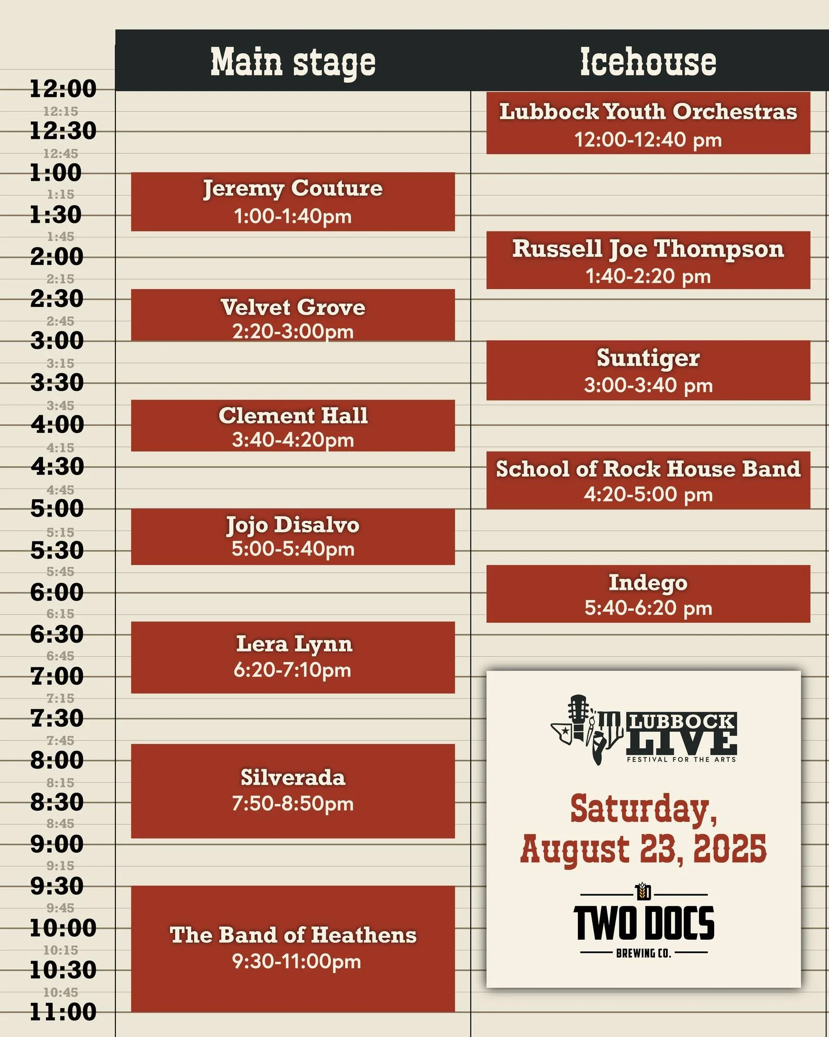 🎶✨ Set times are HERE! Check out the schedule and start planning your perfect festival day. ✨🎶

Join us Saturday, August 23rd at Two Docs Brewing Co. from 12PM&ndash;11PM for a full day of live music, art, food, and family fun.

🎤 Headliners: THE 