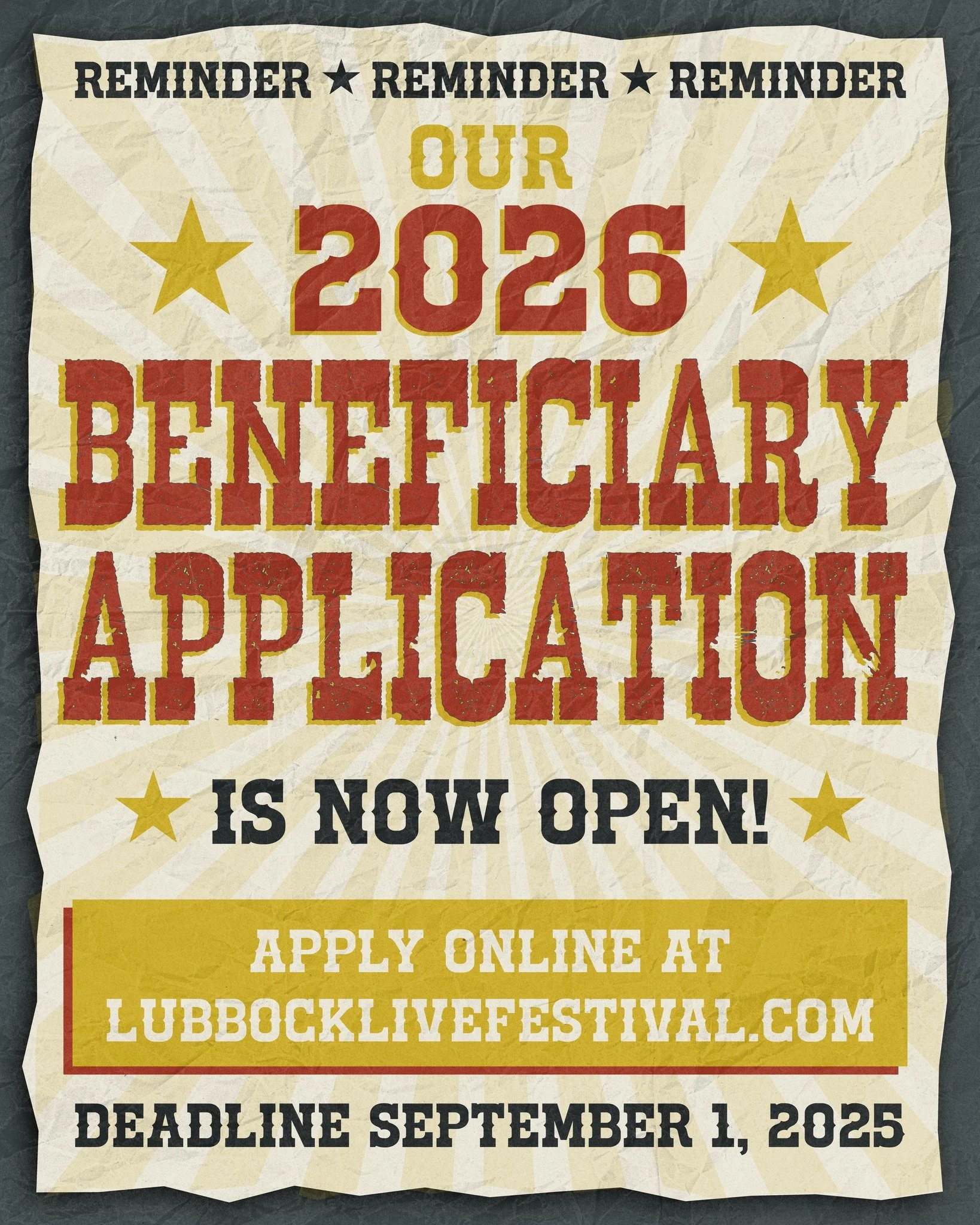 ‼️ If you haven&rsquo;t submitted your application or nomination for next year&rsquo;s beneficiary yet, you have until September 1, 2025 to do so! 😱

If you are or if you know of a local non-profit arts organization in the Lubbock area you should ap