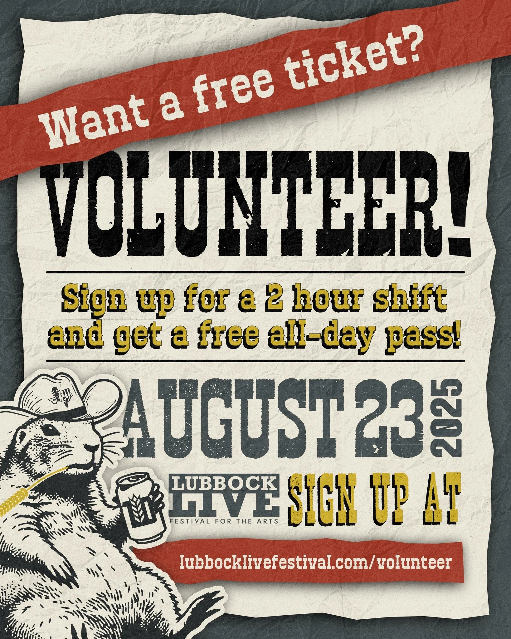 ✨ Want to be part of the magic at Lubbock Live Festival for the Arts? ✨

We&rsquo;re still looking for amazing volunteers to help out next Saturday, August 23rd during our evening shifts:
🕖 7:00&ndash;9:00 PM
🕘 9:00&ndash;11:00 PM

As a thank-you, 