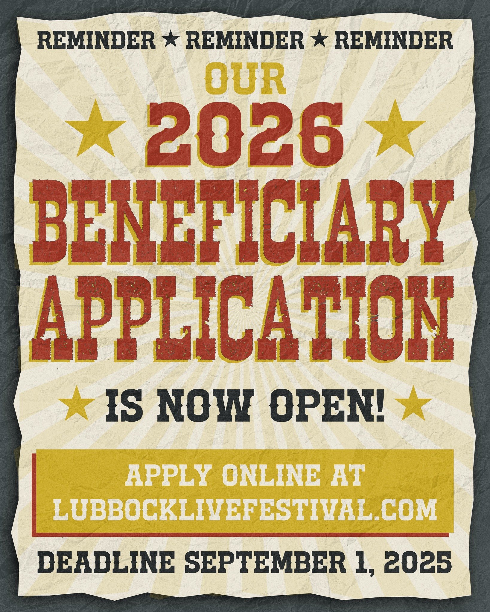 ‼️ If you haven&rsquo;t submitted your application or nomination for next year&rsquo;s beneficiary yet, you have until September 1, 2025 to do so! 😱

If you are or if you know of a local non-profit arts organization in the Lubbock area you should ap