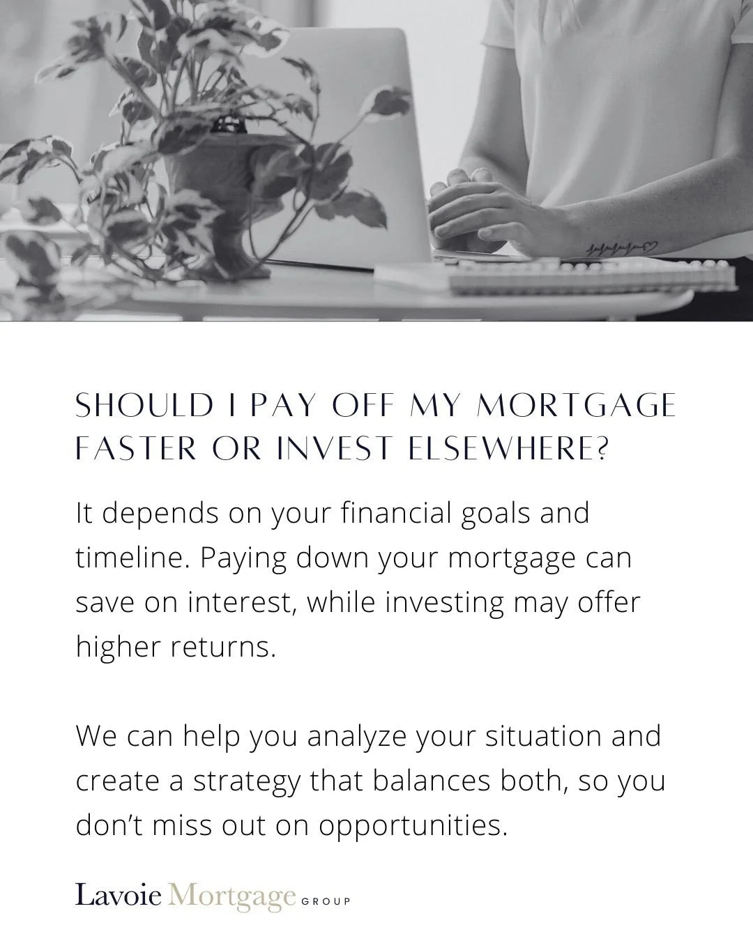 Should you pay off your mortgage faster or invest elsewhere? It depends on your financial goals and timeline. ⁠
⁠
Paying down your mortgage can save you interest, while investing may offer higher returns. ⁠
⁠
We can help you analyze your situation an
