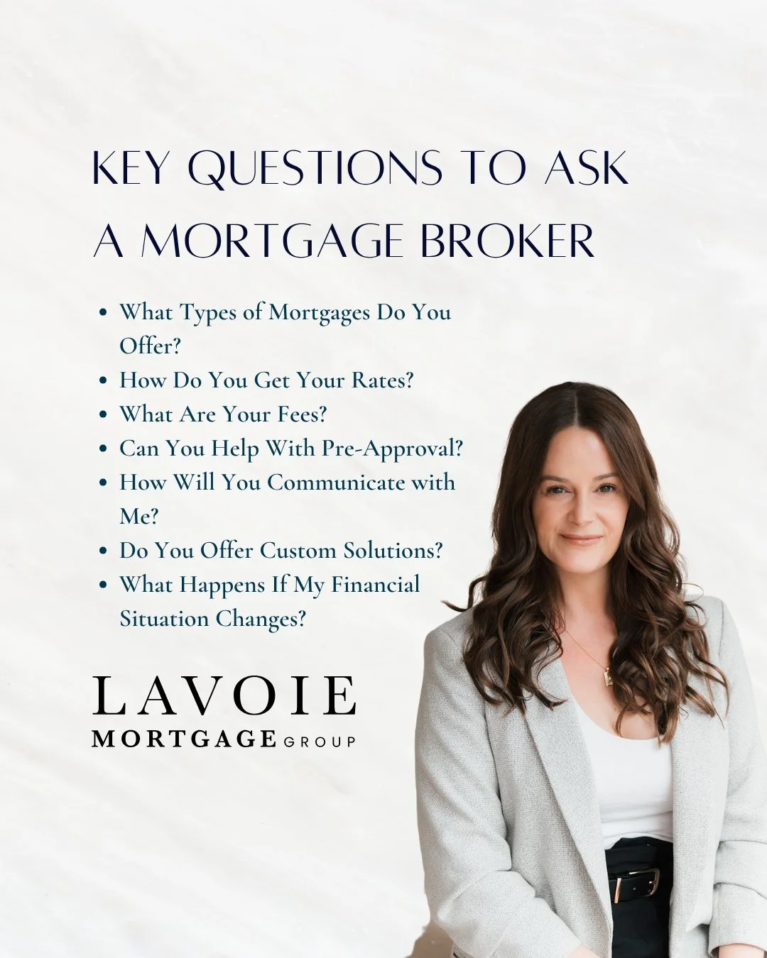 Key Questions to Ask Your Mortgage Broker ⁠
Before choosing a mortgage broker, make sure you ask:⁠
⁠
💼 What types of mortgages do you offer?⁠
💲 How do you get your rates?⁠
📝 What are your fees?⁠
✅ Can you help with pre-approval?⁠
📞 How will you c