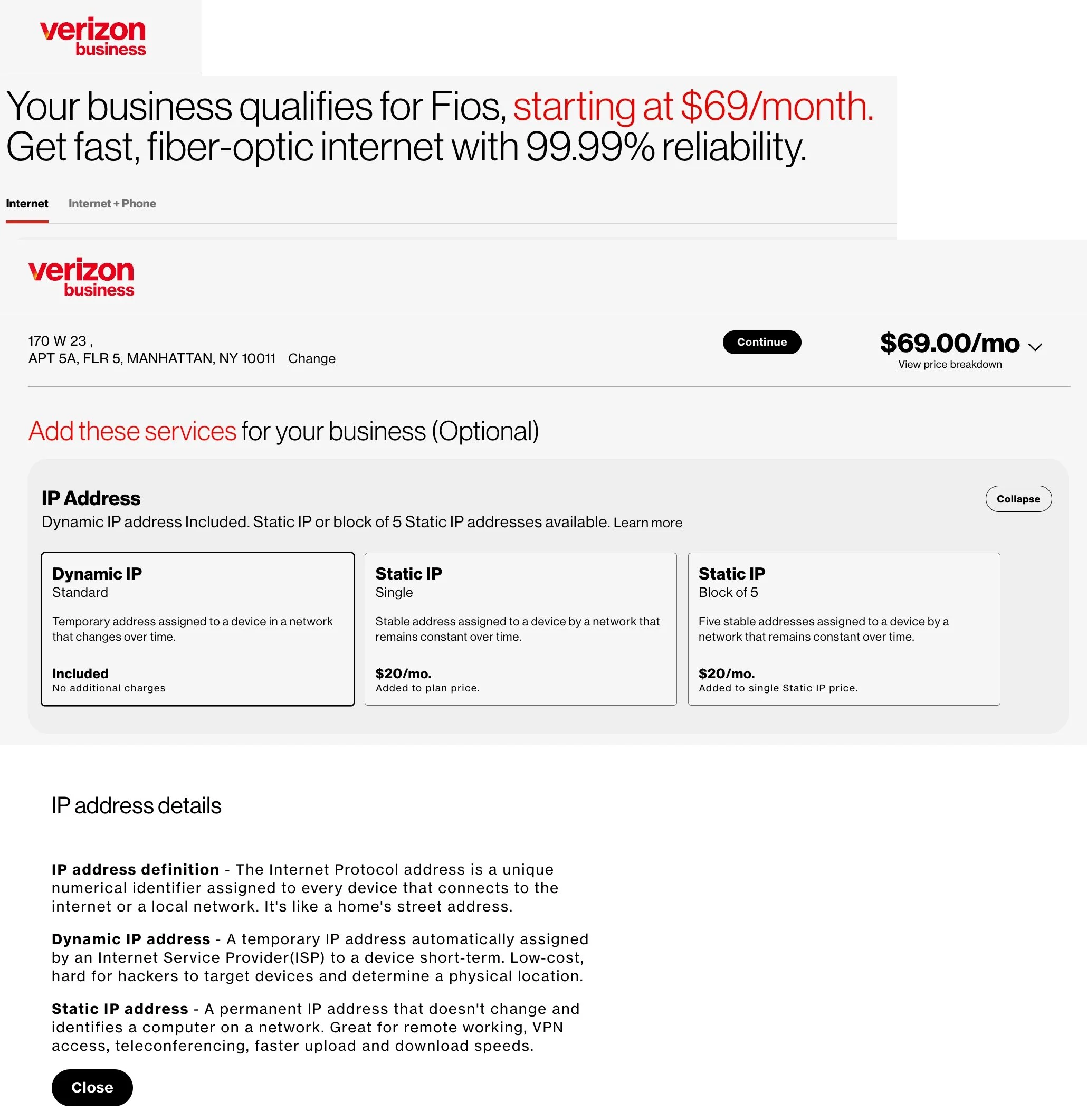 Verizon Business Fios Internet with IP Options