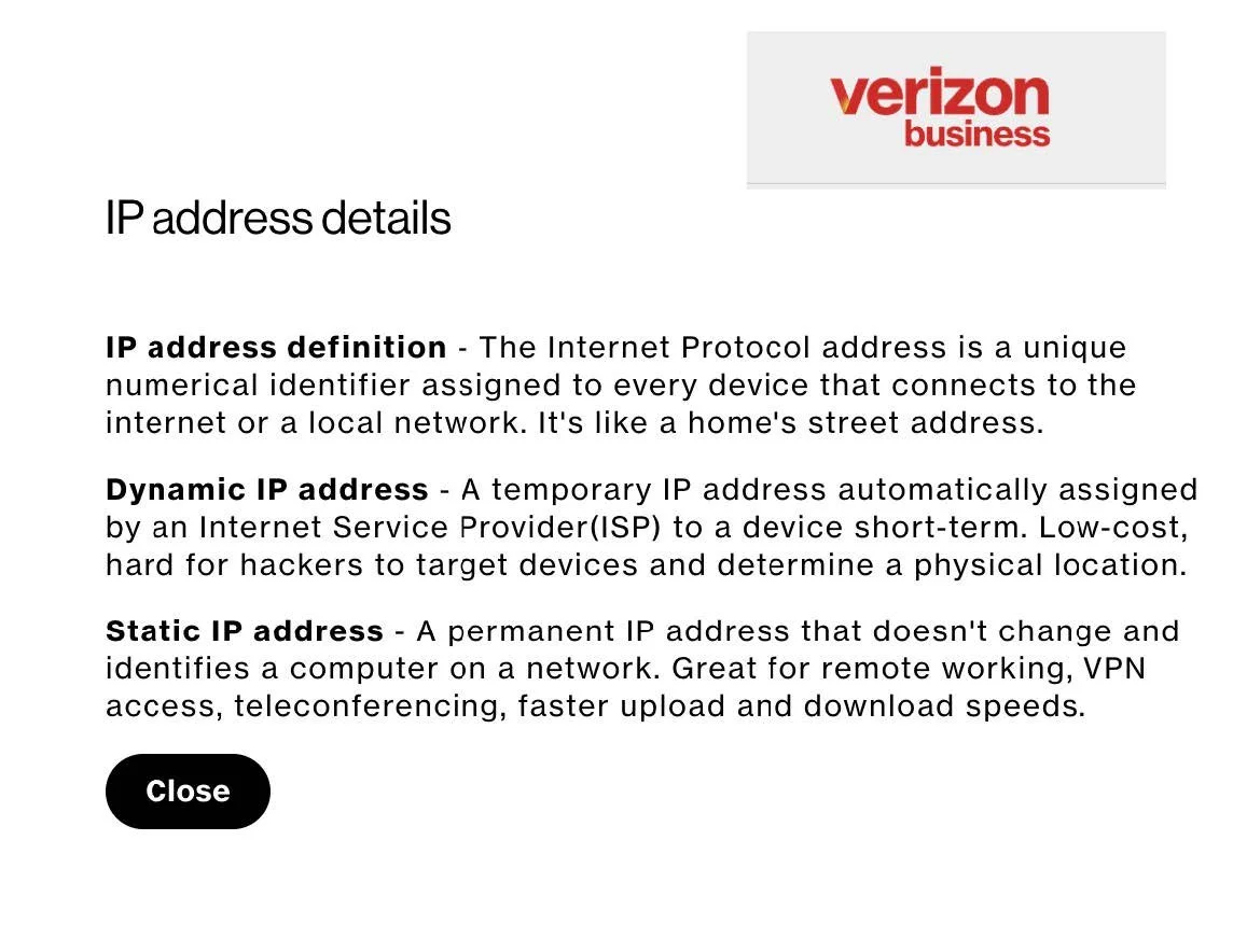 IP Address Modal for Fios Internet 