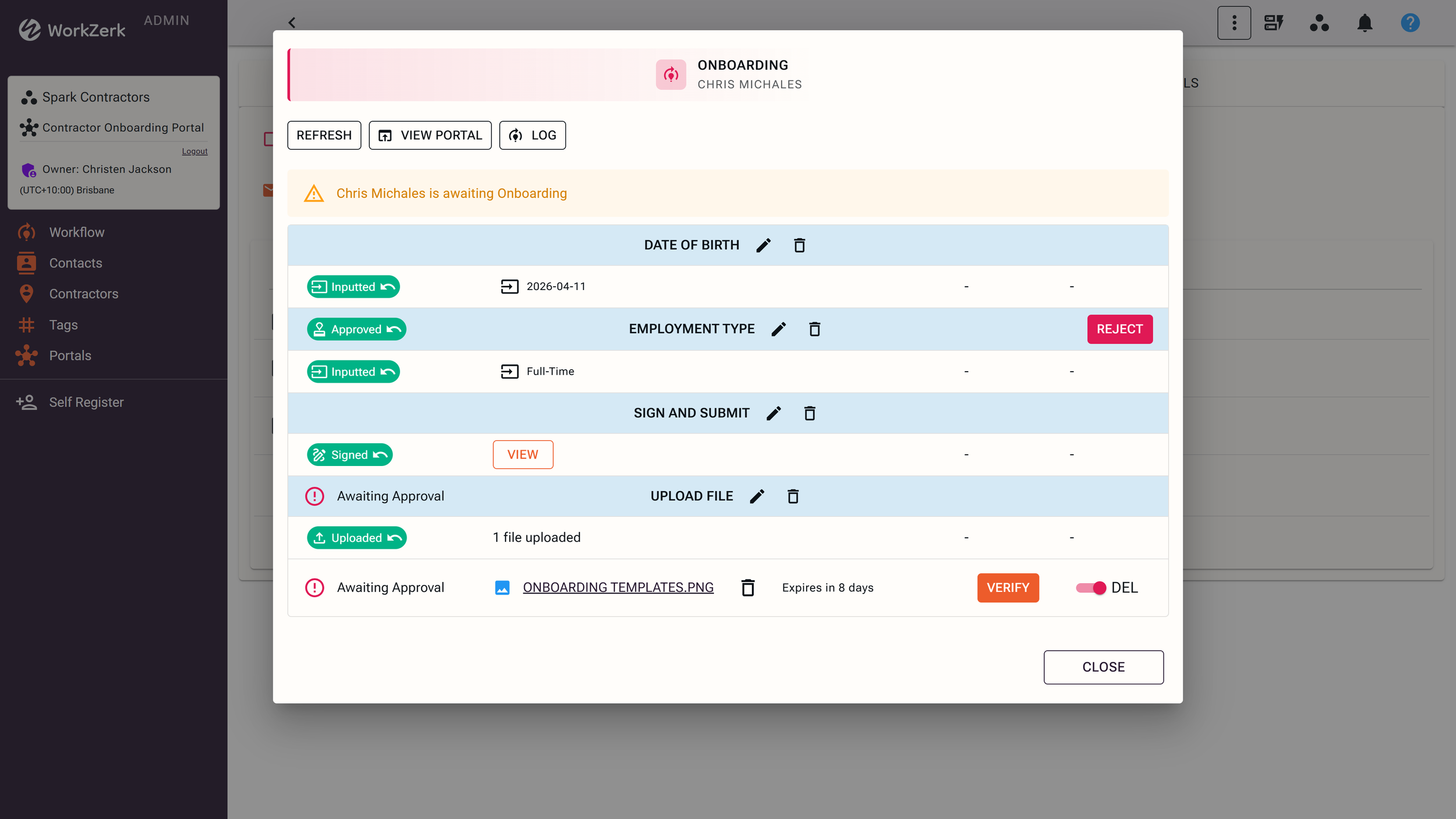 Screenshot of a web-based onboarding form for a worker named Chris Michales, showing sections for date of birth, employment type, sign and submit, and file upload. Various status indicators and buttons are visible, such as approved, rejected, and pending approvals.