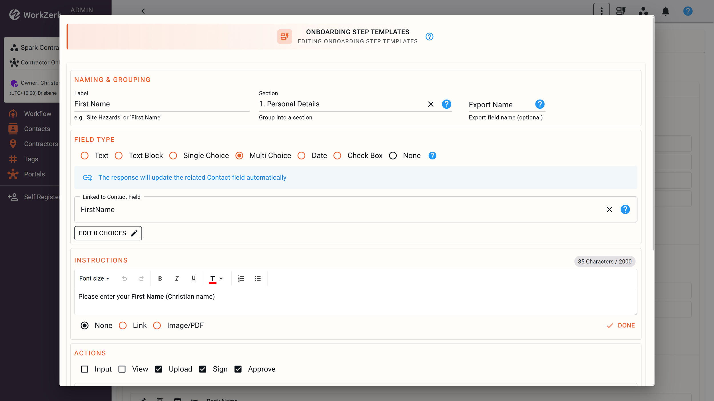 Screenshot of an onboarding step template editing page in a software application, showing fields for grouping, field types, linked contact fields, instructions, actions, and various options.