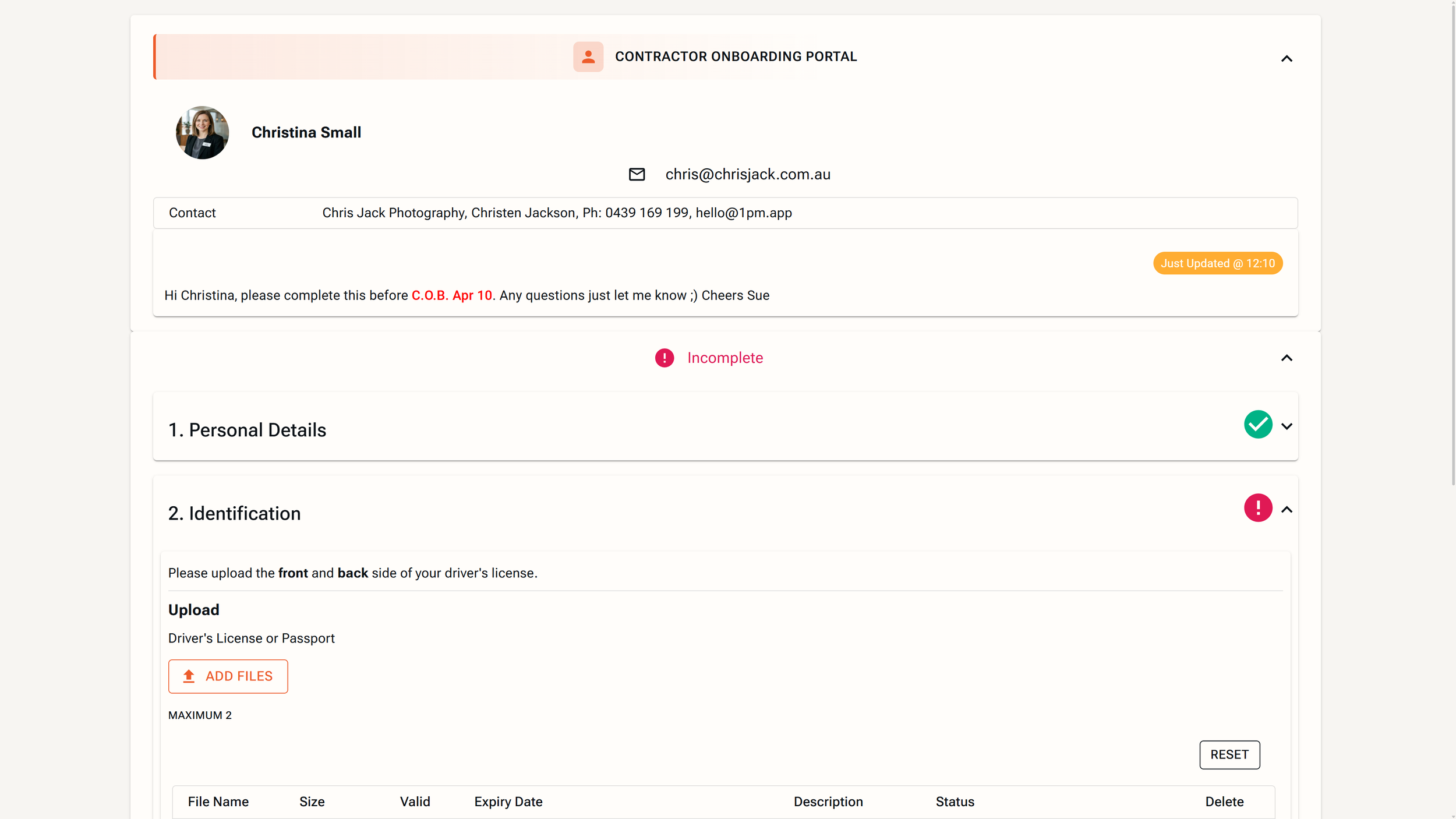 Screenshot of an online contractor onboarding portal filled out by Christina Small. The page shows personal details, an identification section requesting a driver's license or passport upload, and a status indicating incomplete with an alert that the identification section is not yet completed. There is a note to complete the form before April 10, with a recent update timestamp.