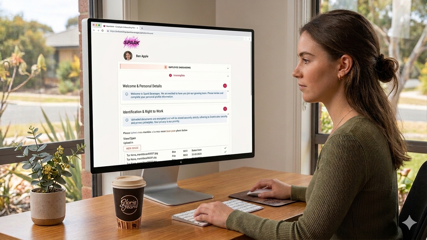 A woman with brown hair in a ponytail sitting at a wooden desk, looking at a computer monitor displaying an employee onboarding webpage for Spark Beverages. There is a potted plant and a coffee cup on the desk, and a window with trees outside in the background.