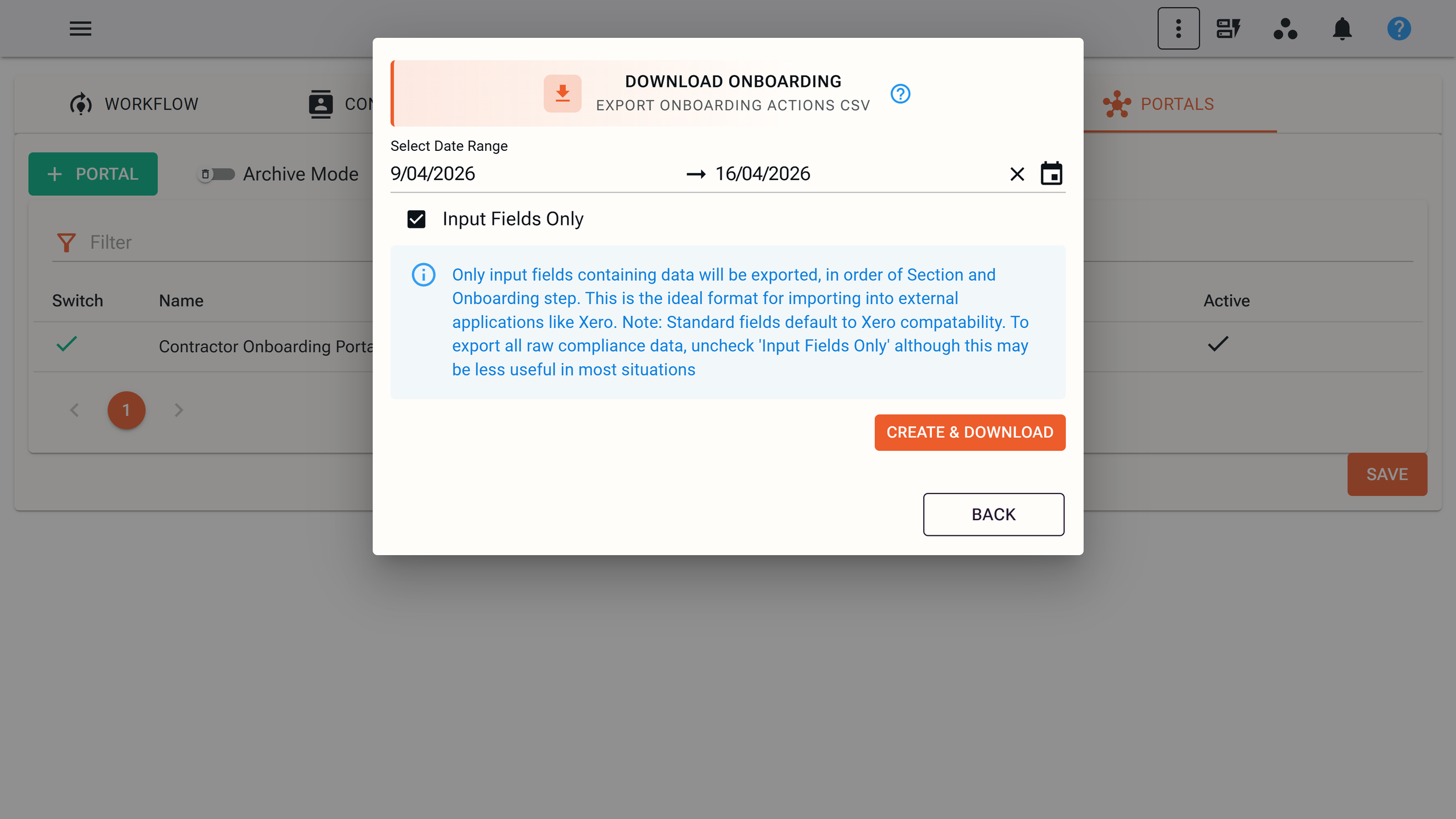 A digital interface for downloading onboarding actions, showing a date range from September 4, 2026, to April 16, 2026, with options for input fields only and a button to create and download the CSV file.
