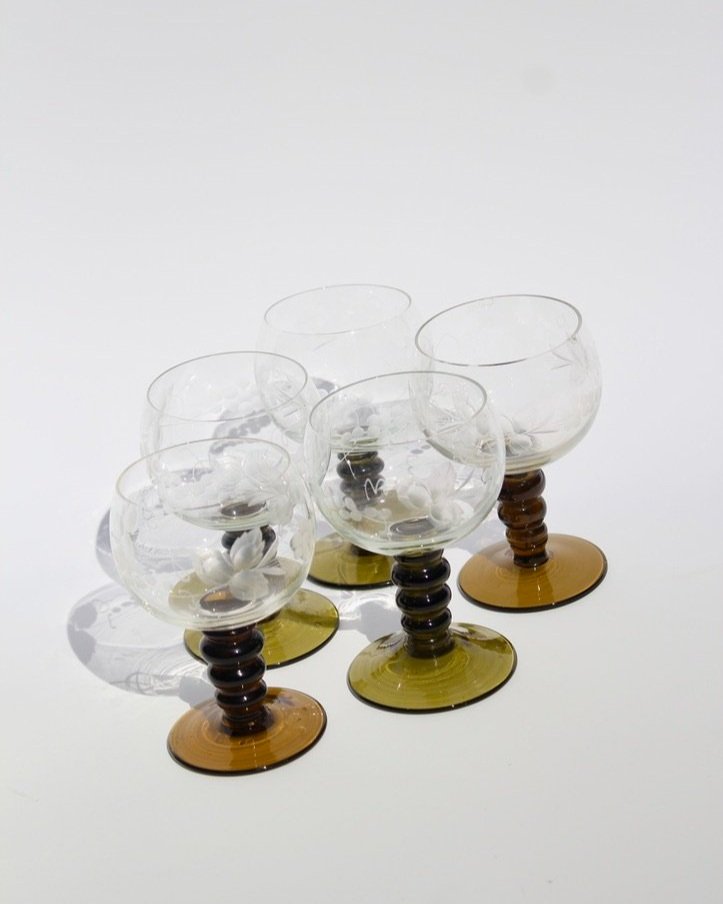 Set of 5 Vintage Roemer Germany Olive Green Stemmed Goblets – Etched Grapevine Design