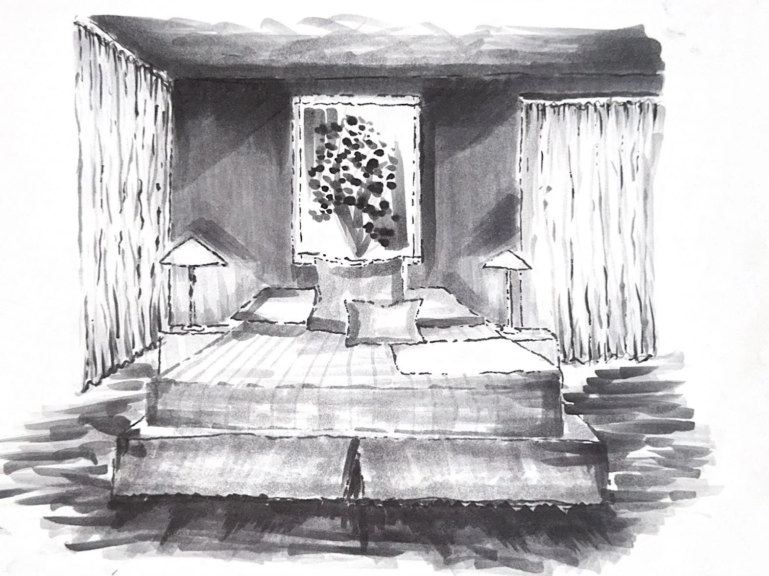 A simplistic bedroom design with a light free hand, touch when it comes to the design.