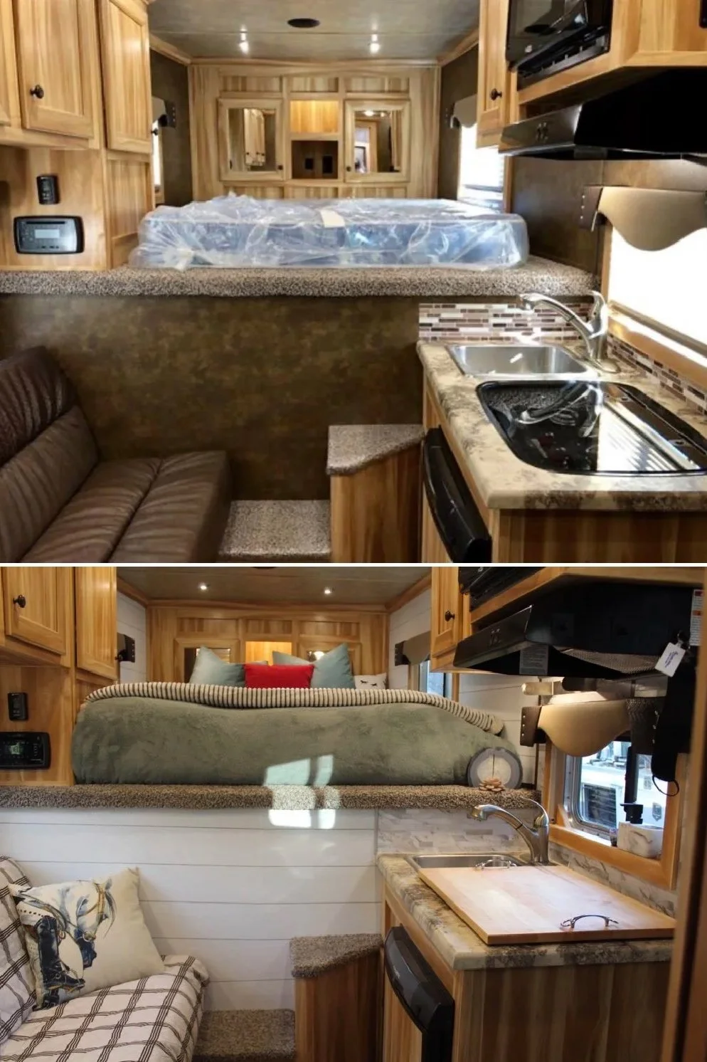 Renovated a horse trailer into livable quarters by installing wallpaper, tiling surfaces, and reorganizing limited space for maximum efficiency and comfort.