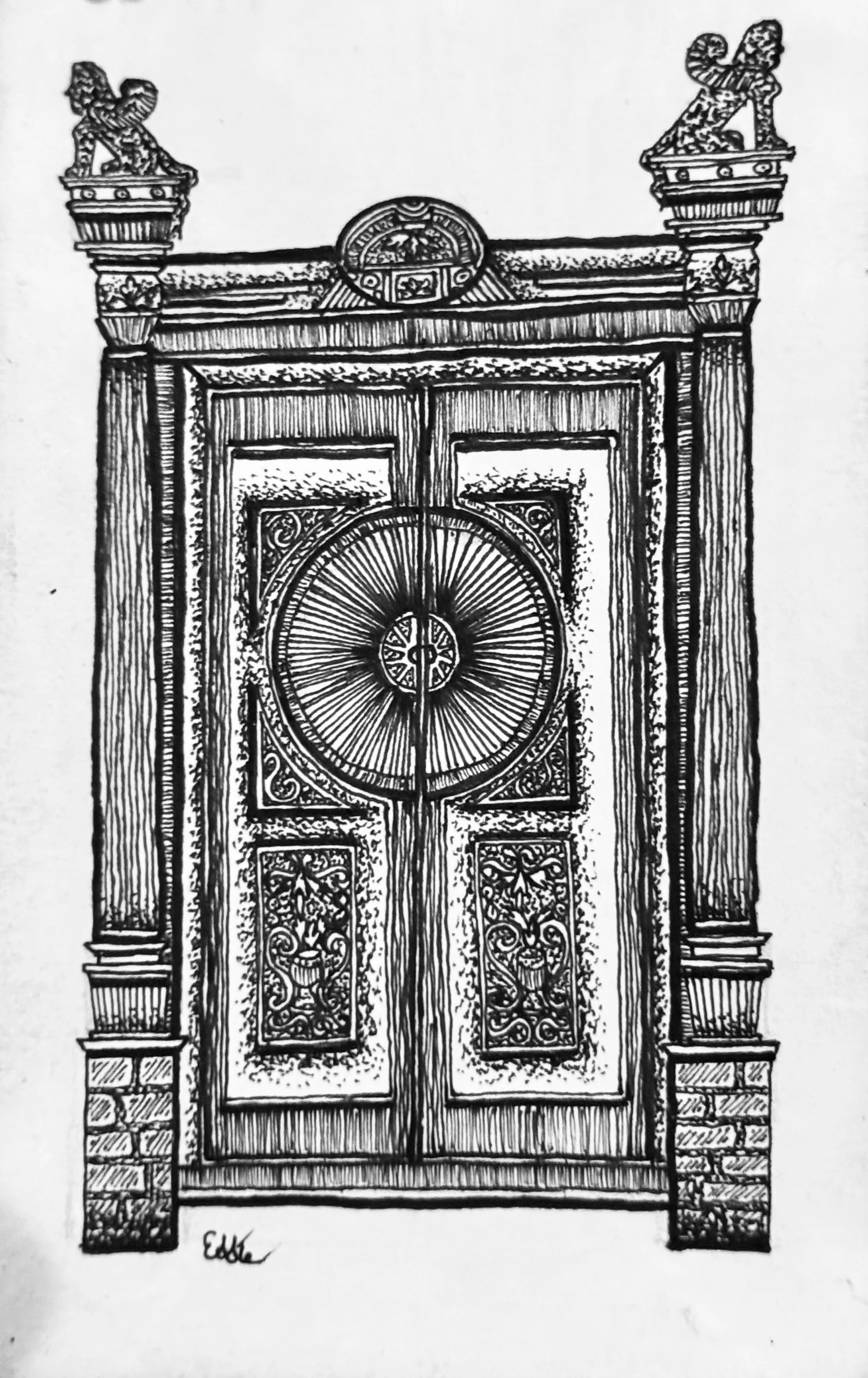 An ornate door drawn in only 4 x 6“