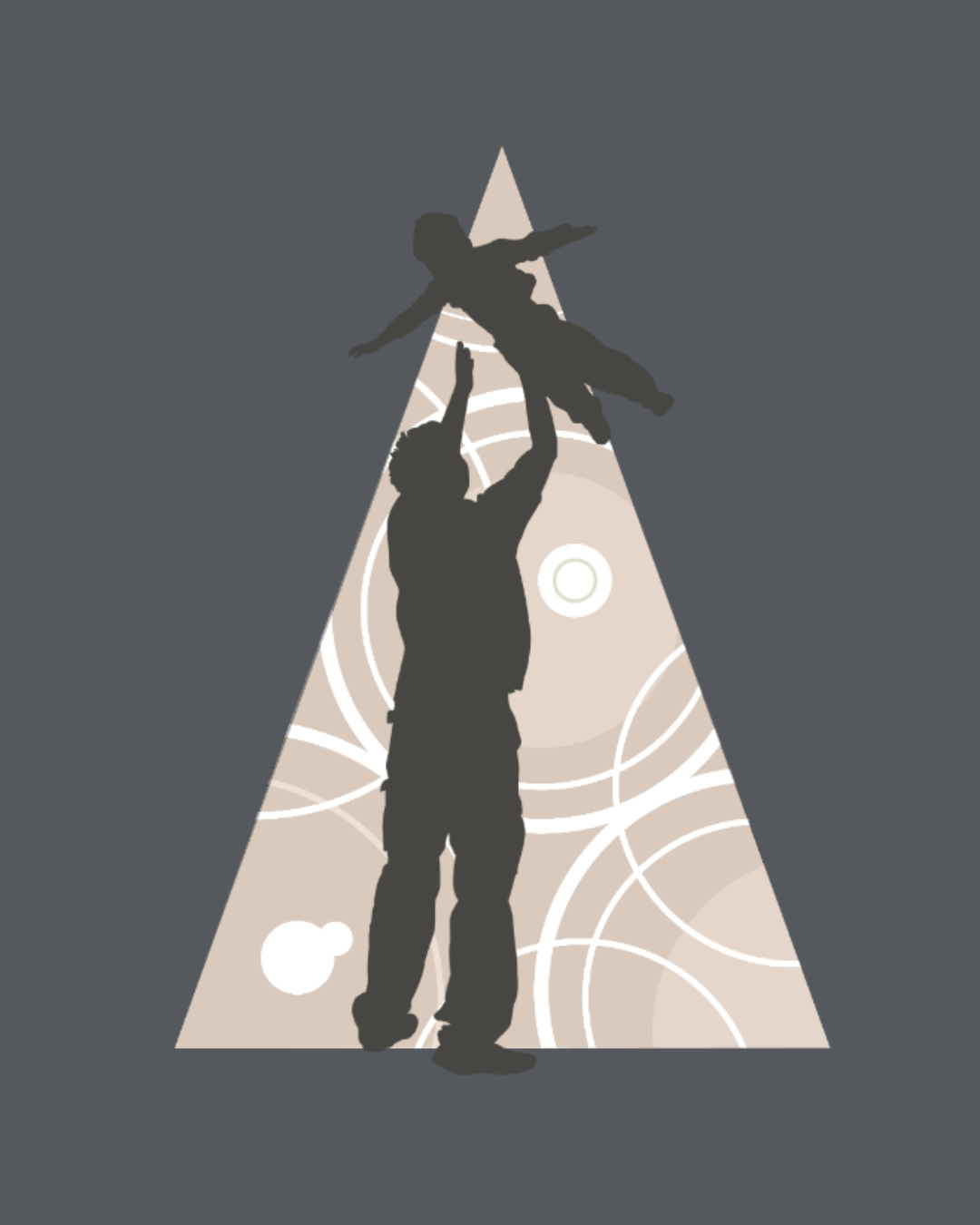 Silhouette of an adult lifting a child against a decorative patterned background with a spotlight effect.