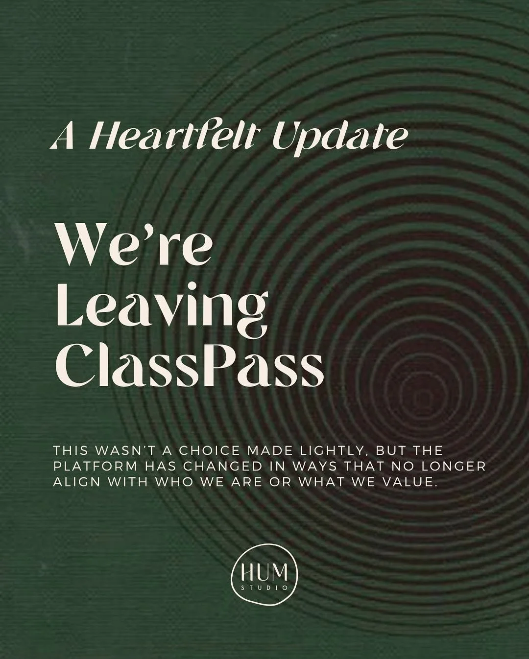 A Studio update 🧡

We love our ClassPass community, and are so grateful for all of your understanding and support. 

This shift off the platform will take place over the next few weeks, so existing bookings can be honoured. 

Please reach out if you