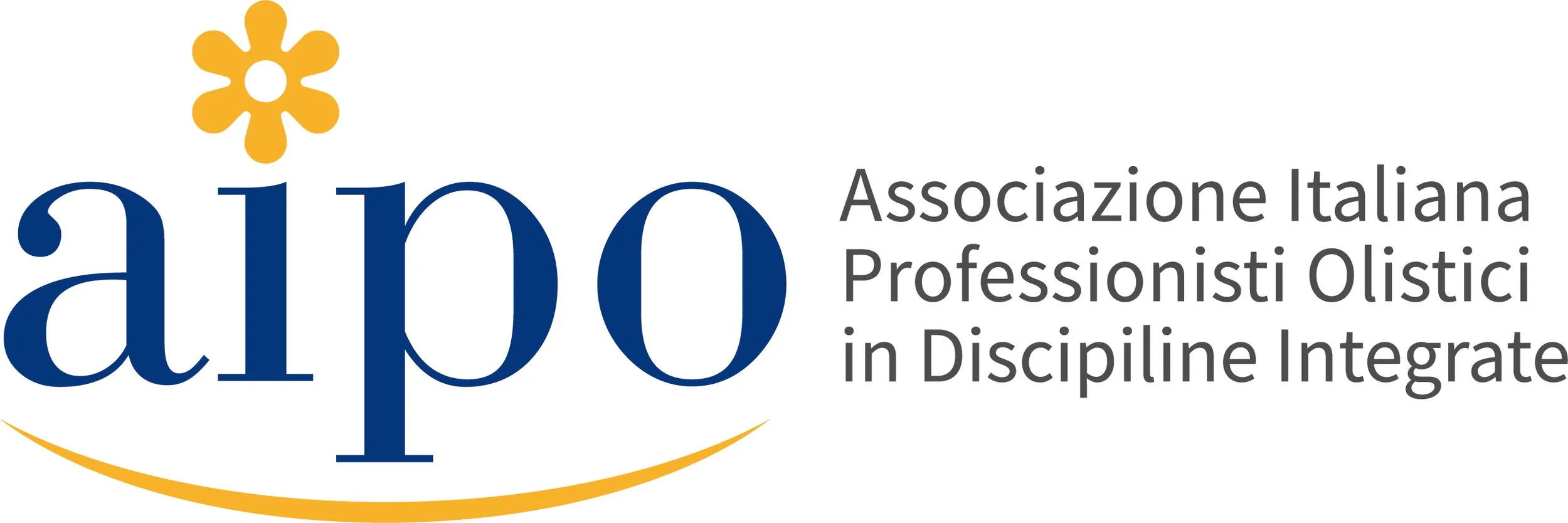 Logo dell'Associazione Italiana Professionisti Olistici in Discipline Integrate, con un fiore stilizzato giallo sopra la parola 'aipo' e il nome completo dell'associazione a destra.