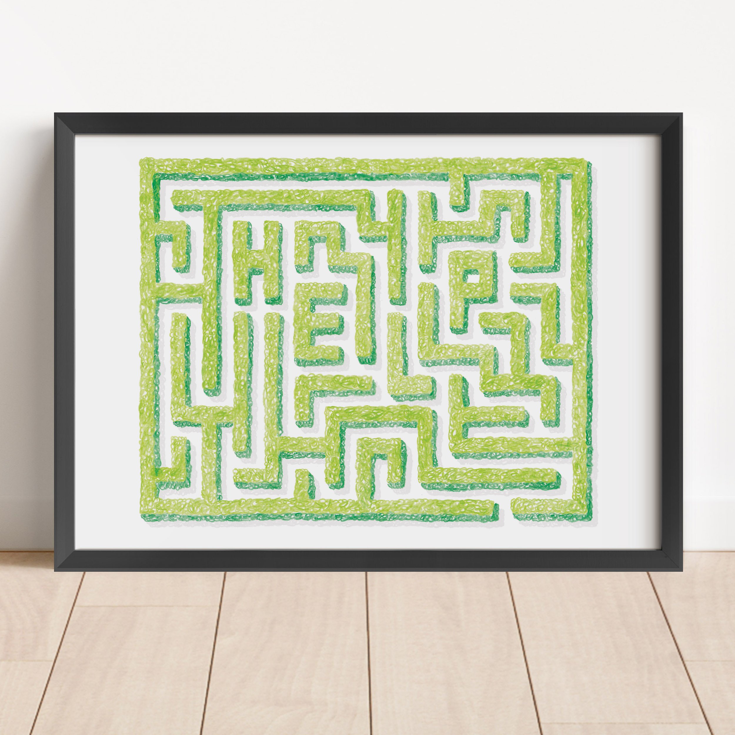 Hedge maze help illustrated print black frame.jpg